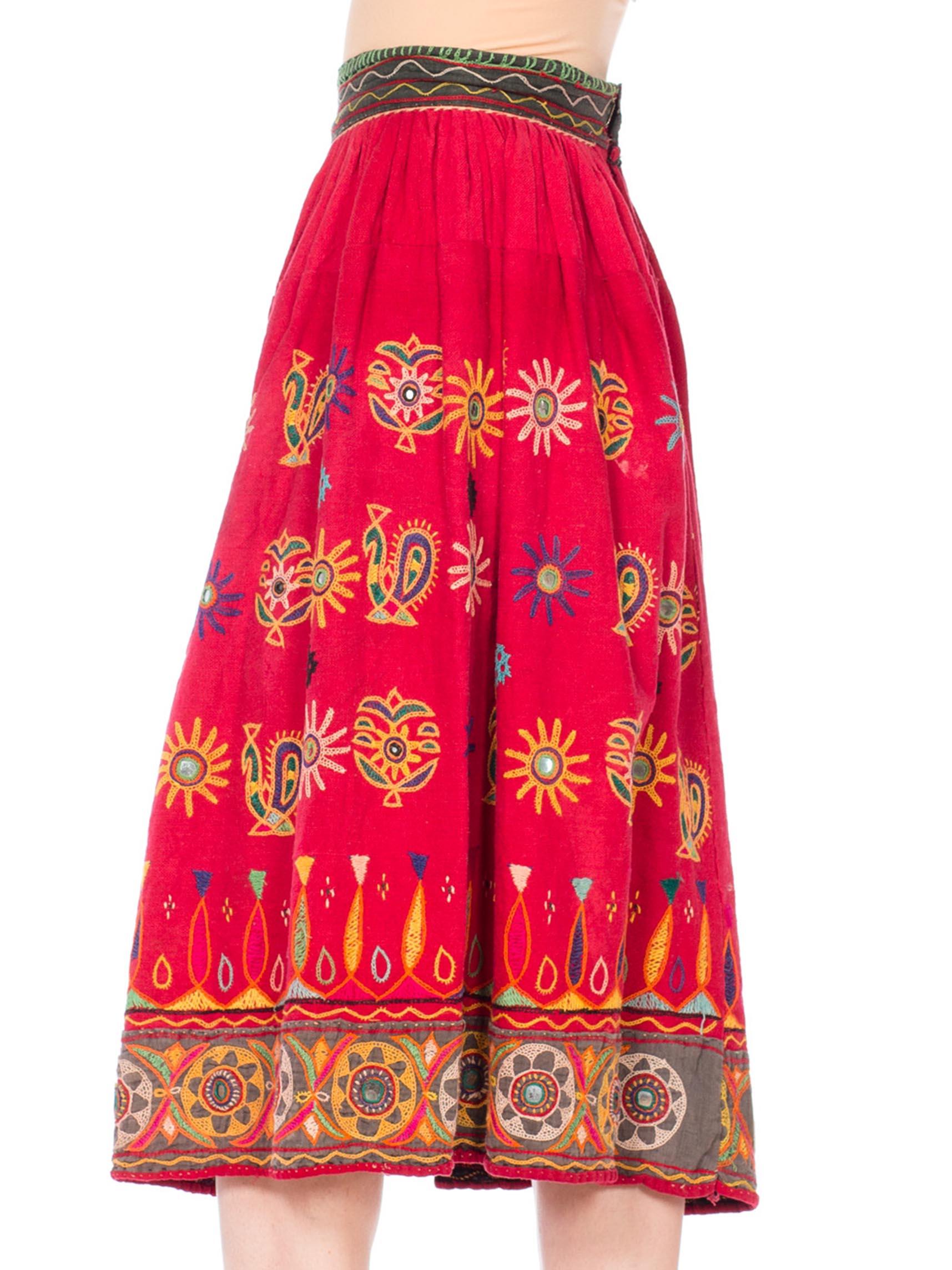 1970S Indian Cotton Hand Embroidered Skirt With Glass Mirrors In Excellent Condition In New York, NY