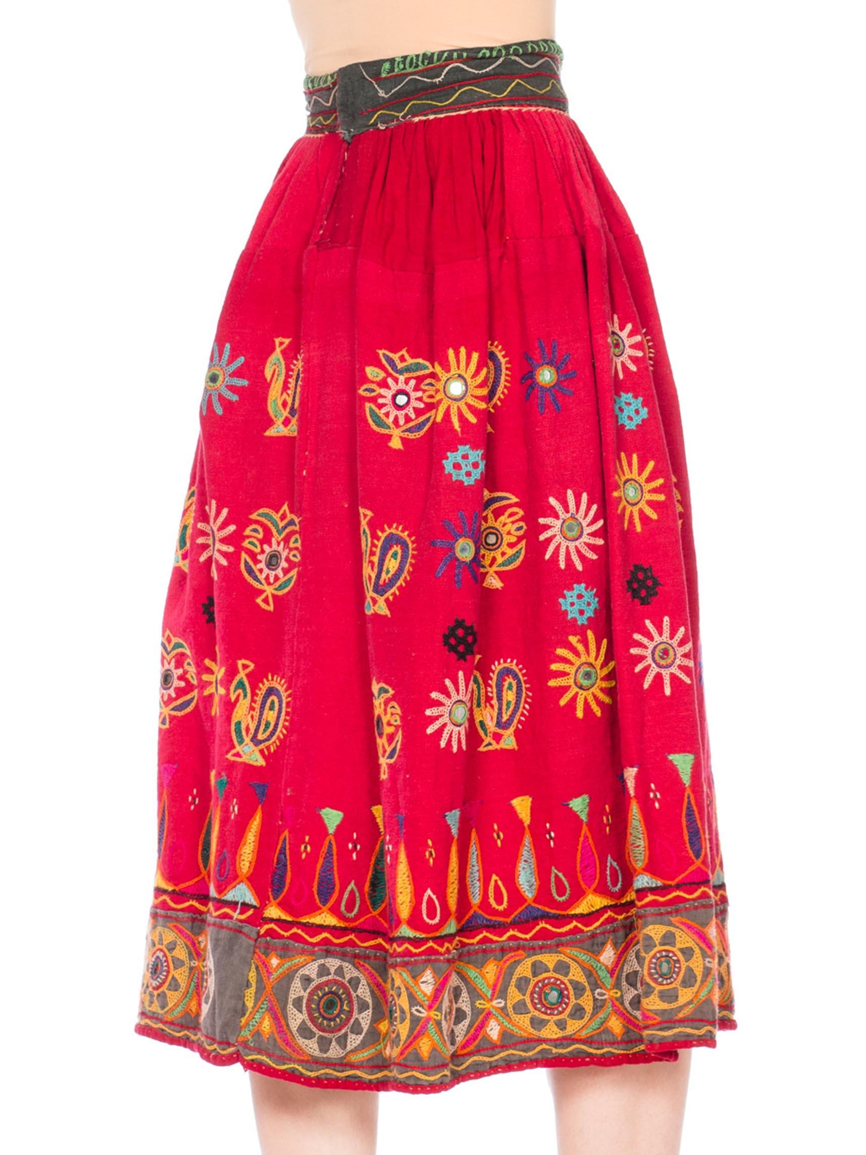 Women's 1970S Indian Cotton Hand Embroidered Skirt With Glass Mirrors