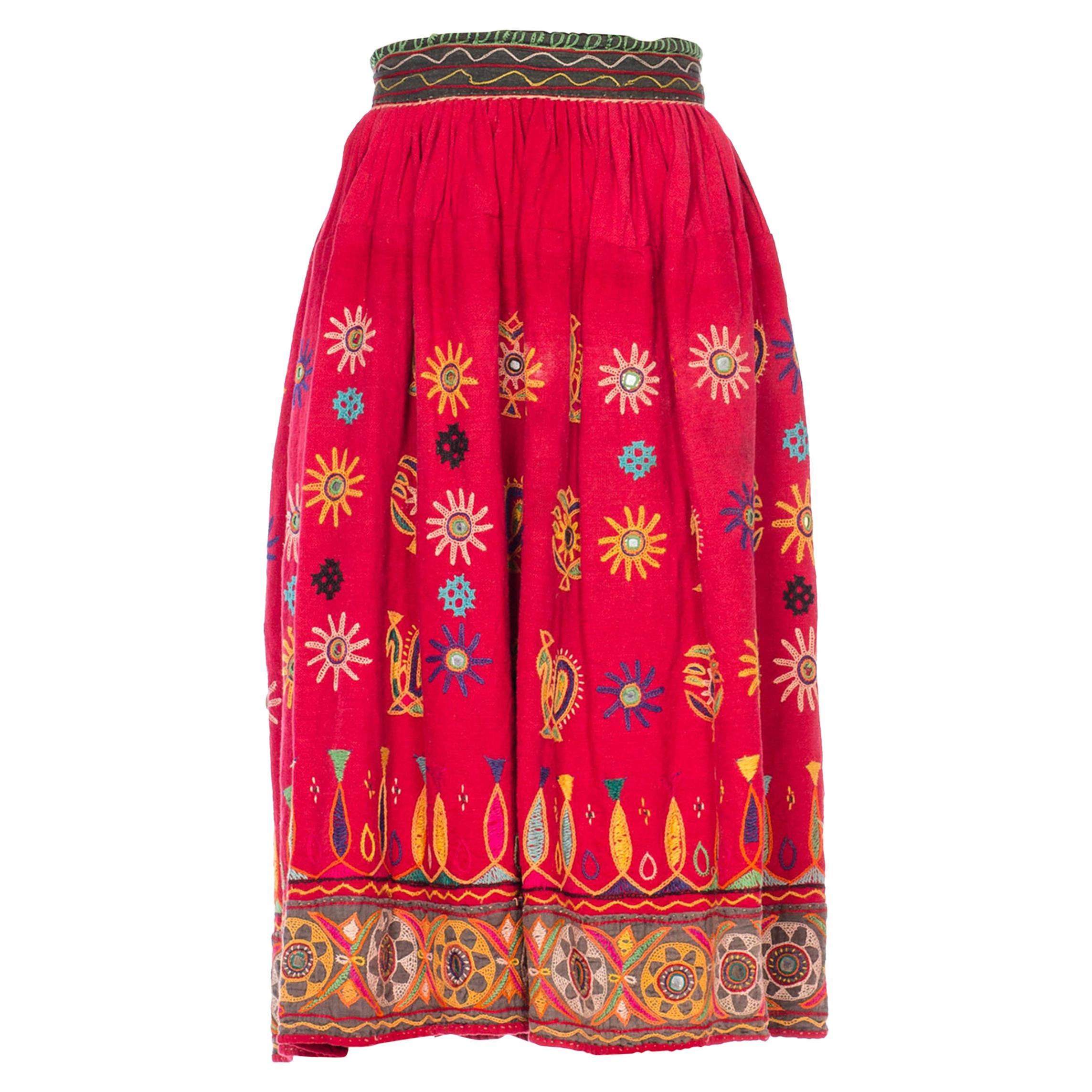 1970S Indian Cotton Hand Embroidered Skirt With Glass Mirrors