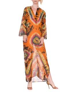 1970'S Orange & Blue Cotton Voile Indian Embroidered Tie Dye Kaftan Dress