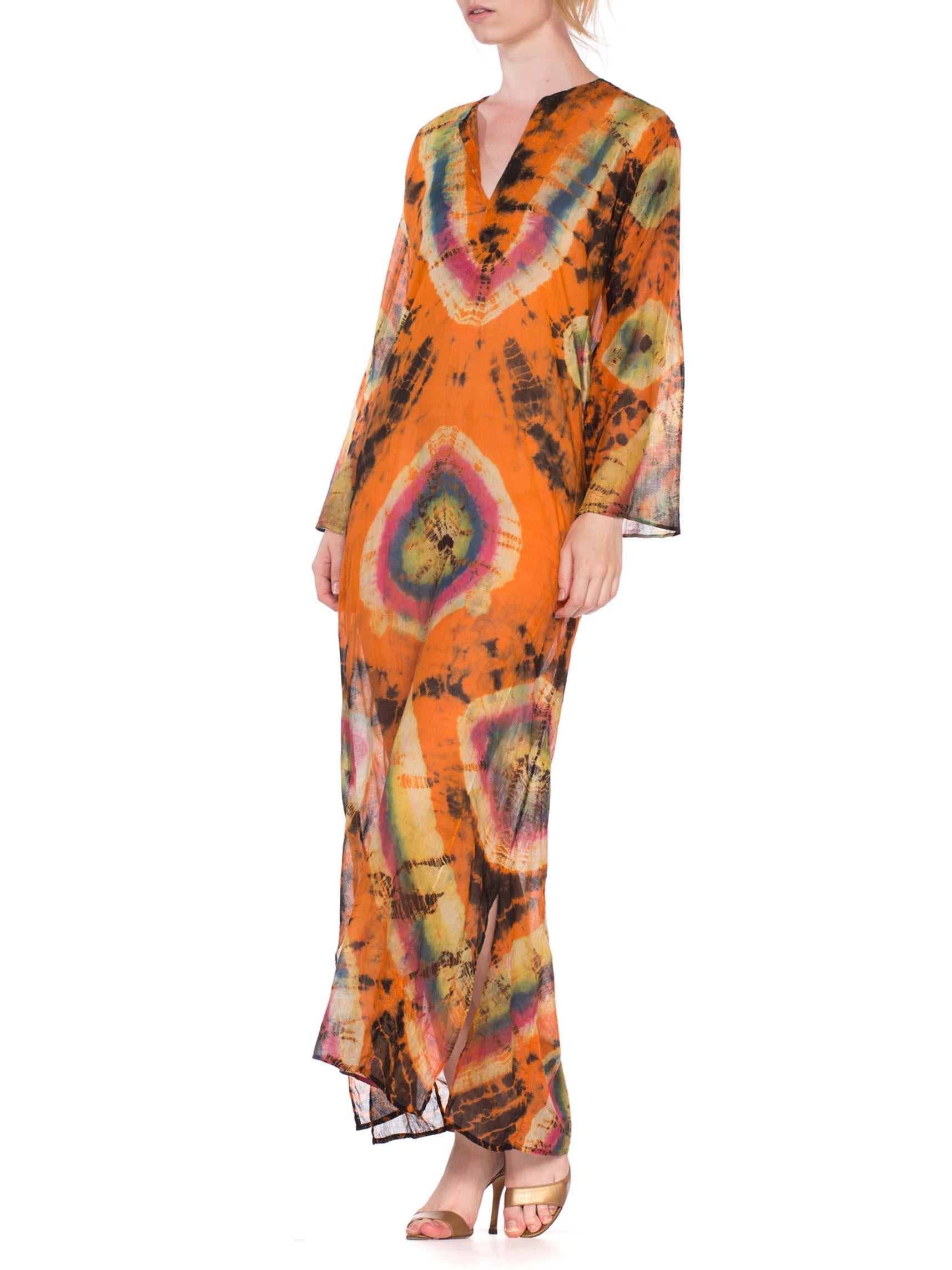 Women's 1970'S Orange & Blue Cotton Voile Indian Embroidered Tie Dye Kaftan Dress