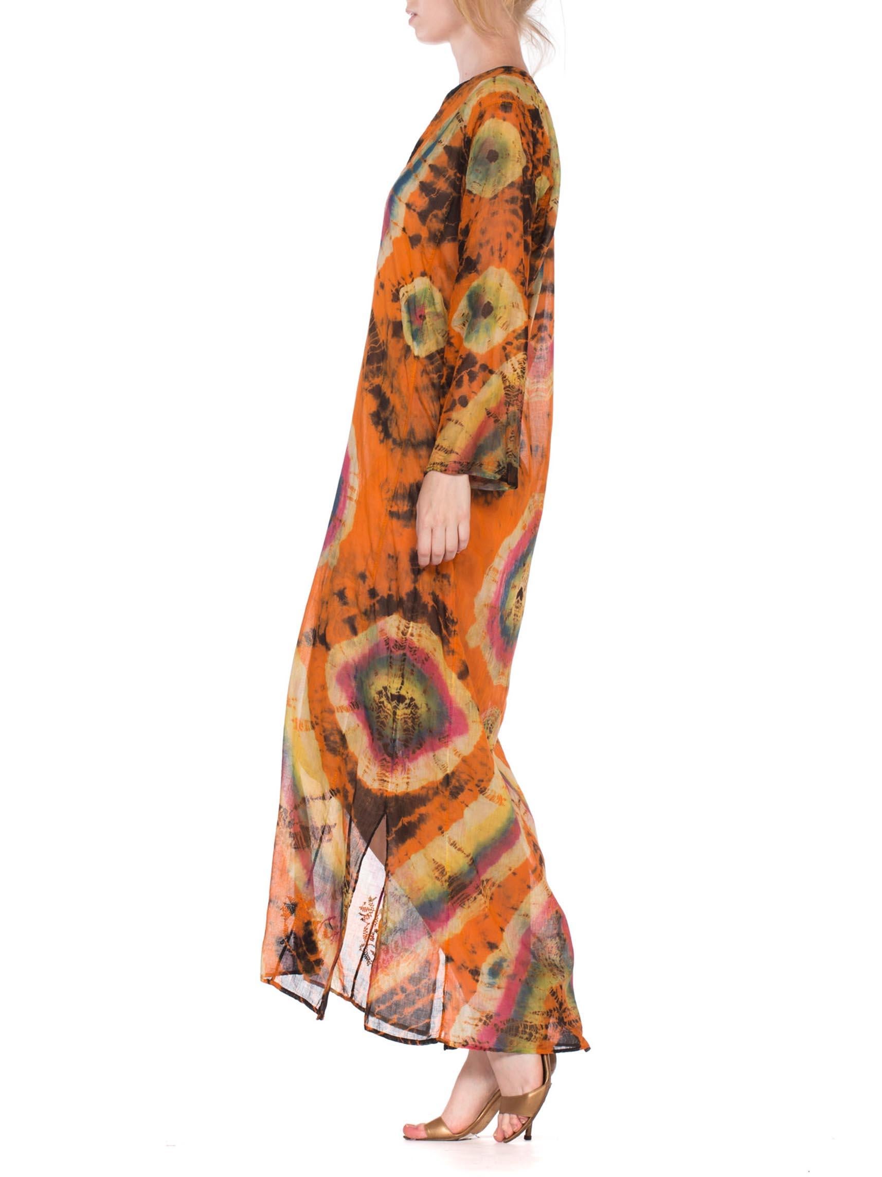 1970'S Orange & Blue Cotton Voile Indian Embroidered Tie Dye Kaftan Dress 1