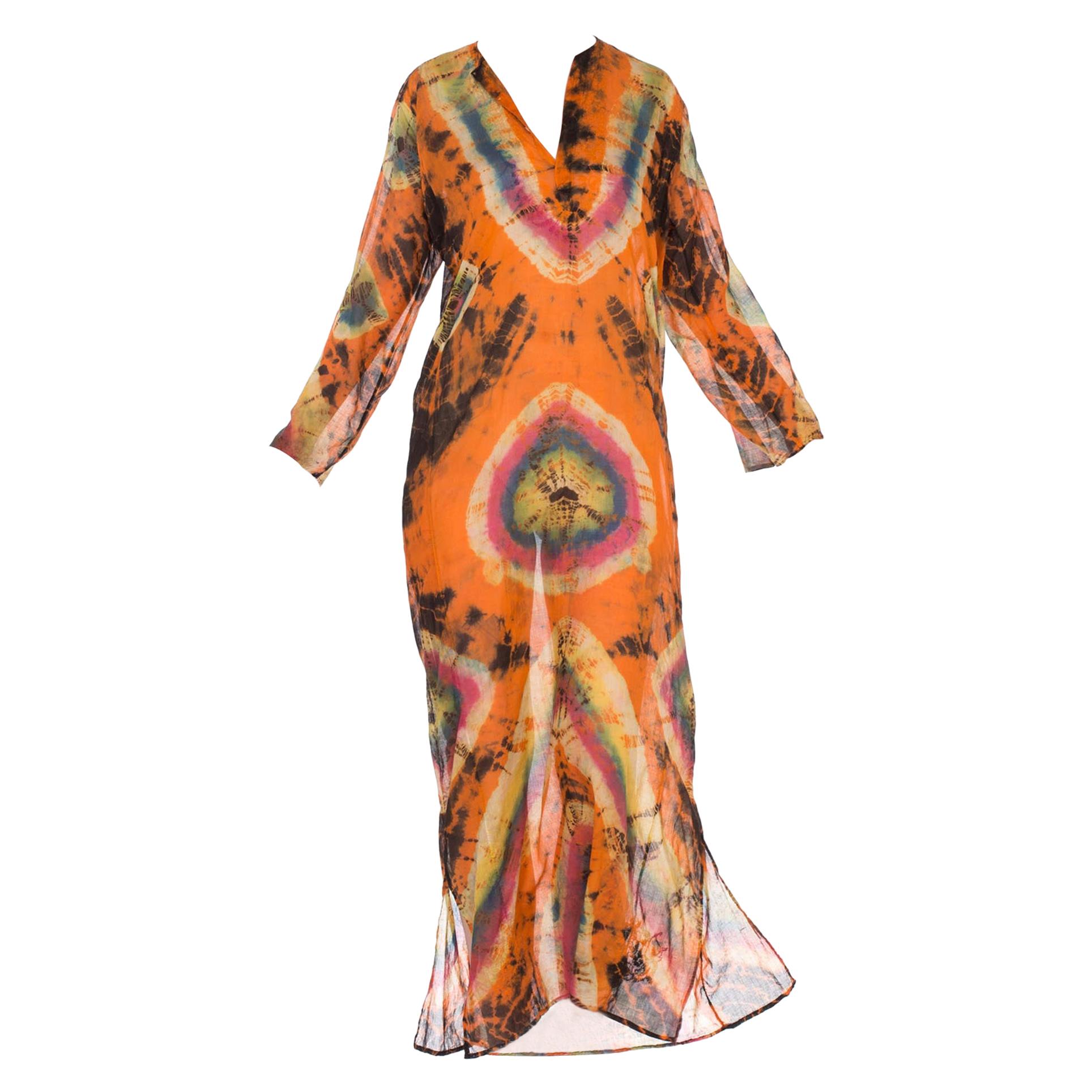 1970'S Orange & Blue Cotton Voile Indian Embroidered Tie Dye Kaftan Dress