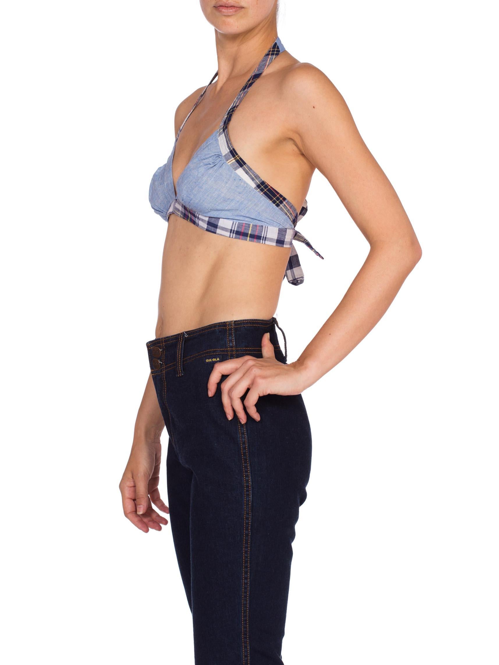 1970'S Indian Madras & Preppy Cotton Chambray Bra Top In Excellent Condition In New York, NY