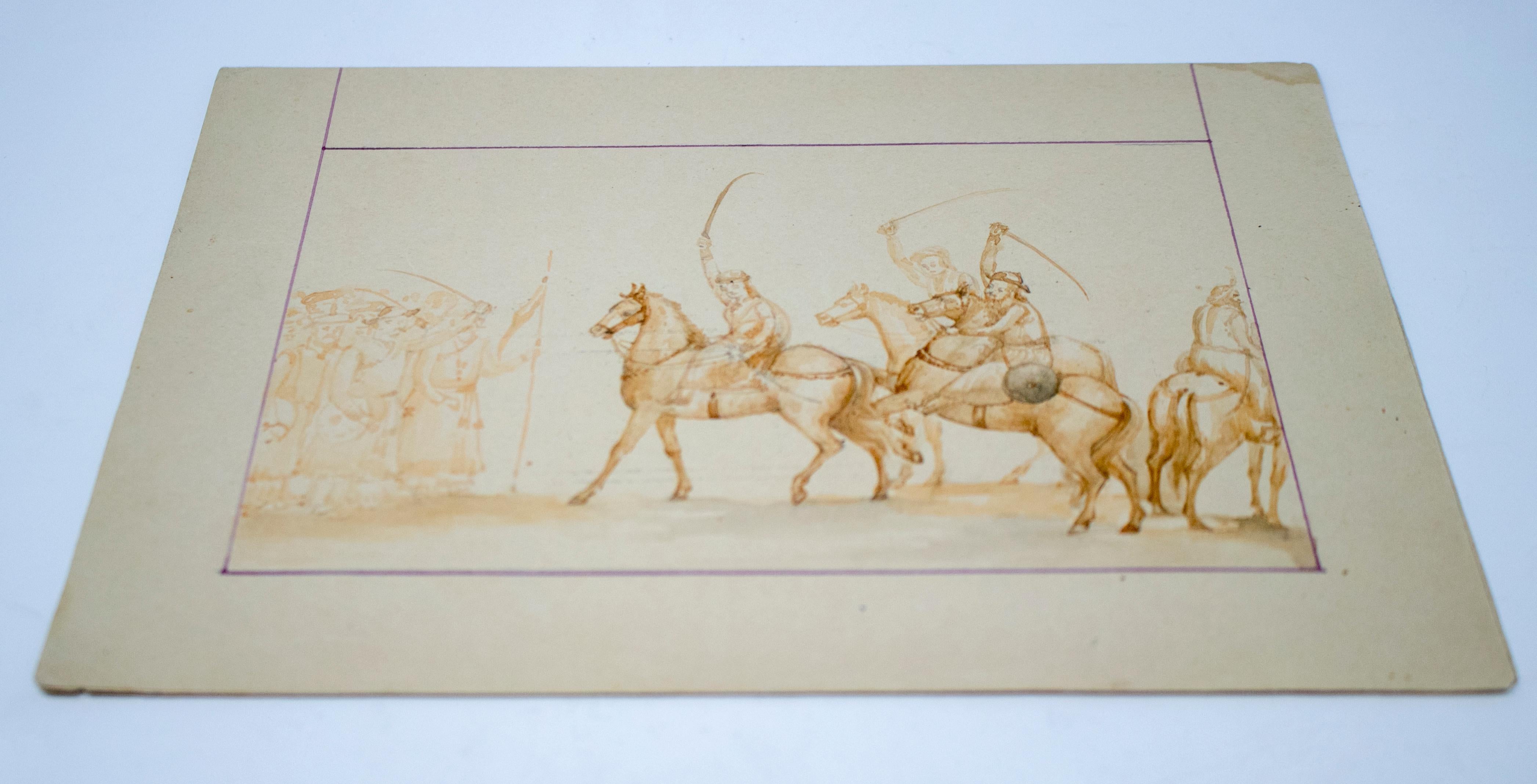 1970s Indian Mughal gouache paper drawing depicting military horsemen. 

Part of a larger private collection.   
     