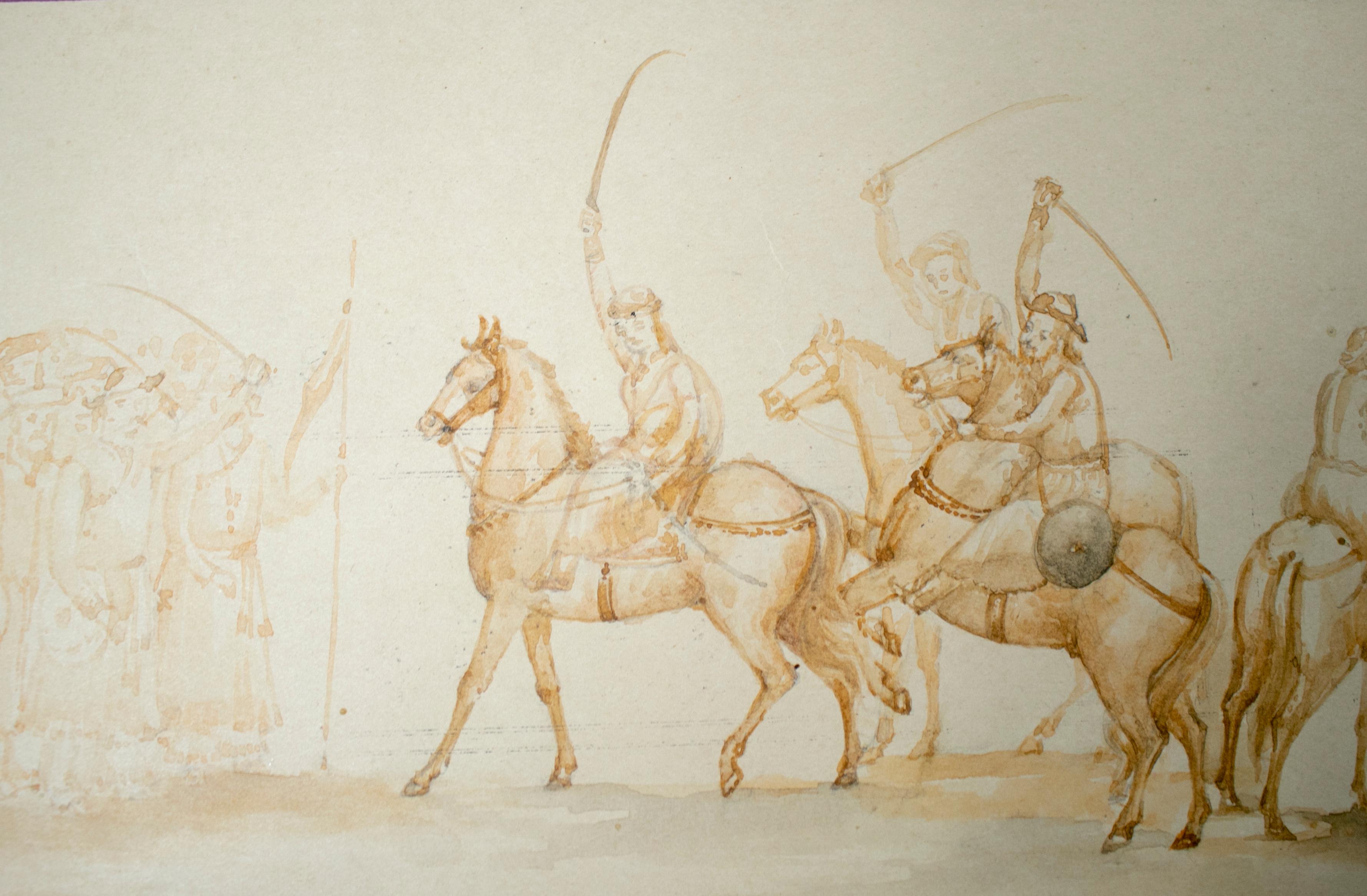 Hand-Painted 1970s Indian Mughal Gouache Paper Drawing Depicting Military Horsemen For Sale
