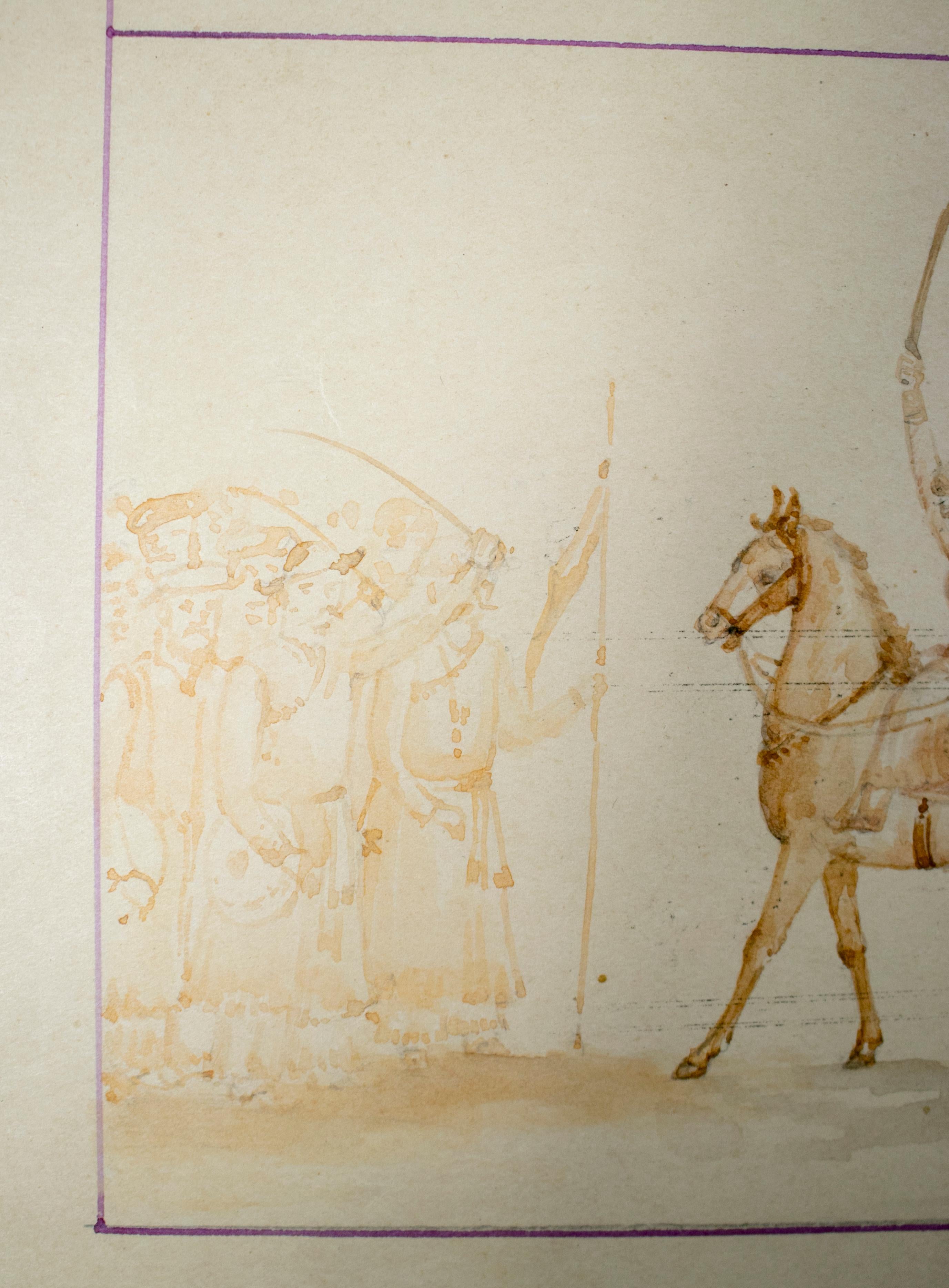 Peint à la main dessin indien des années 1970 sur papier gouaché représentant des cavaliers militaires en vente
