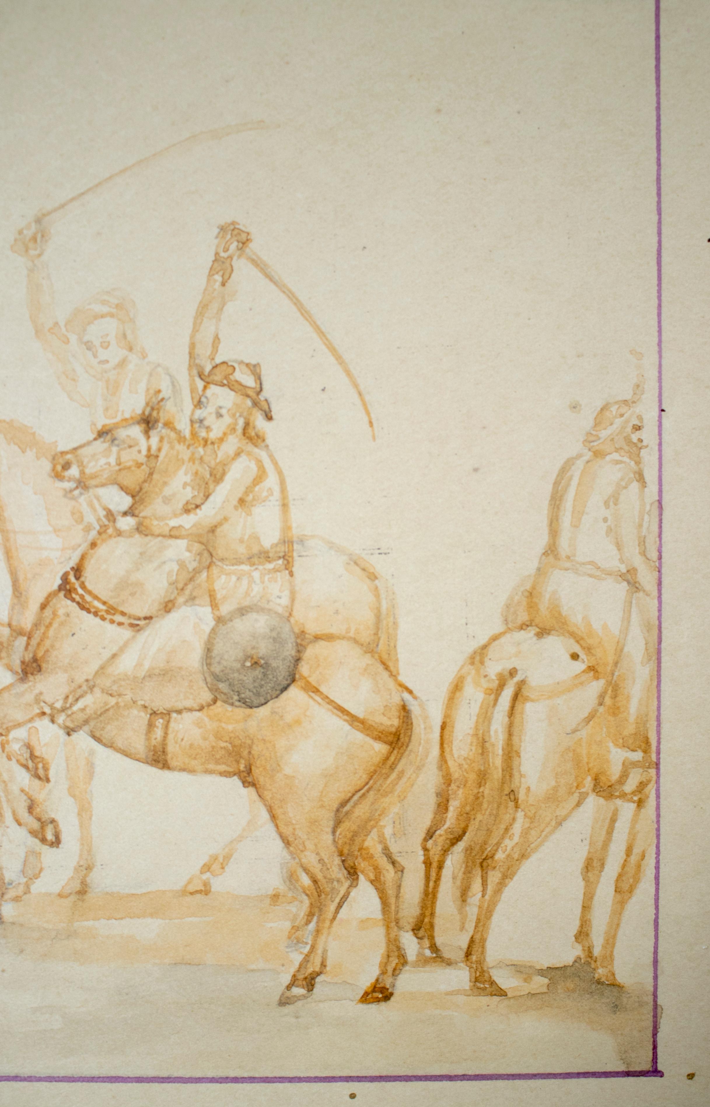 20th Century 1970s Indian Mughal Gouache Paper Drawing Depicting Military Horsemen For Sale