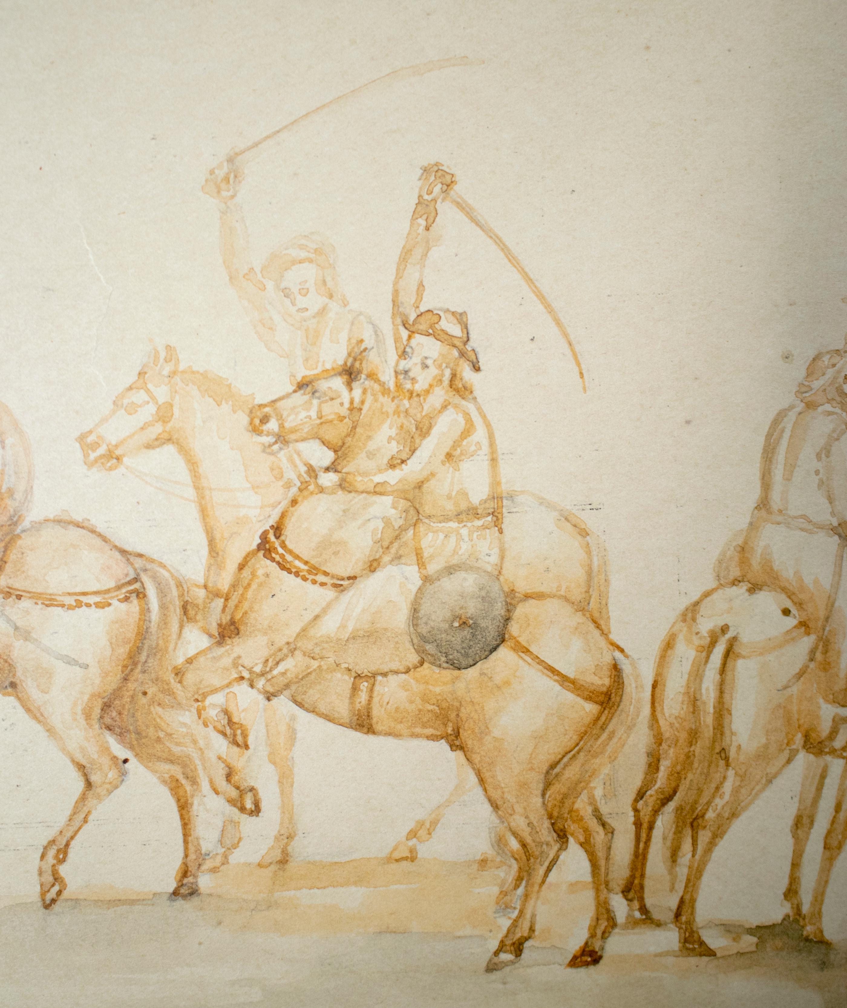 1970s Indian Mughal Gouache Paper Drawing Depicting Military Horsemen For Sale 1