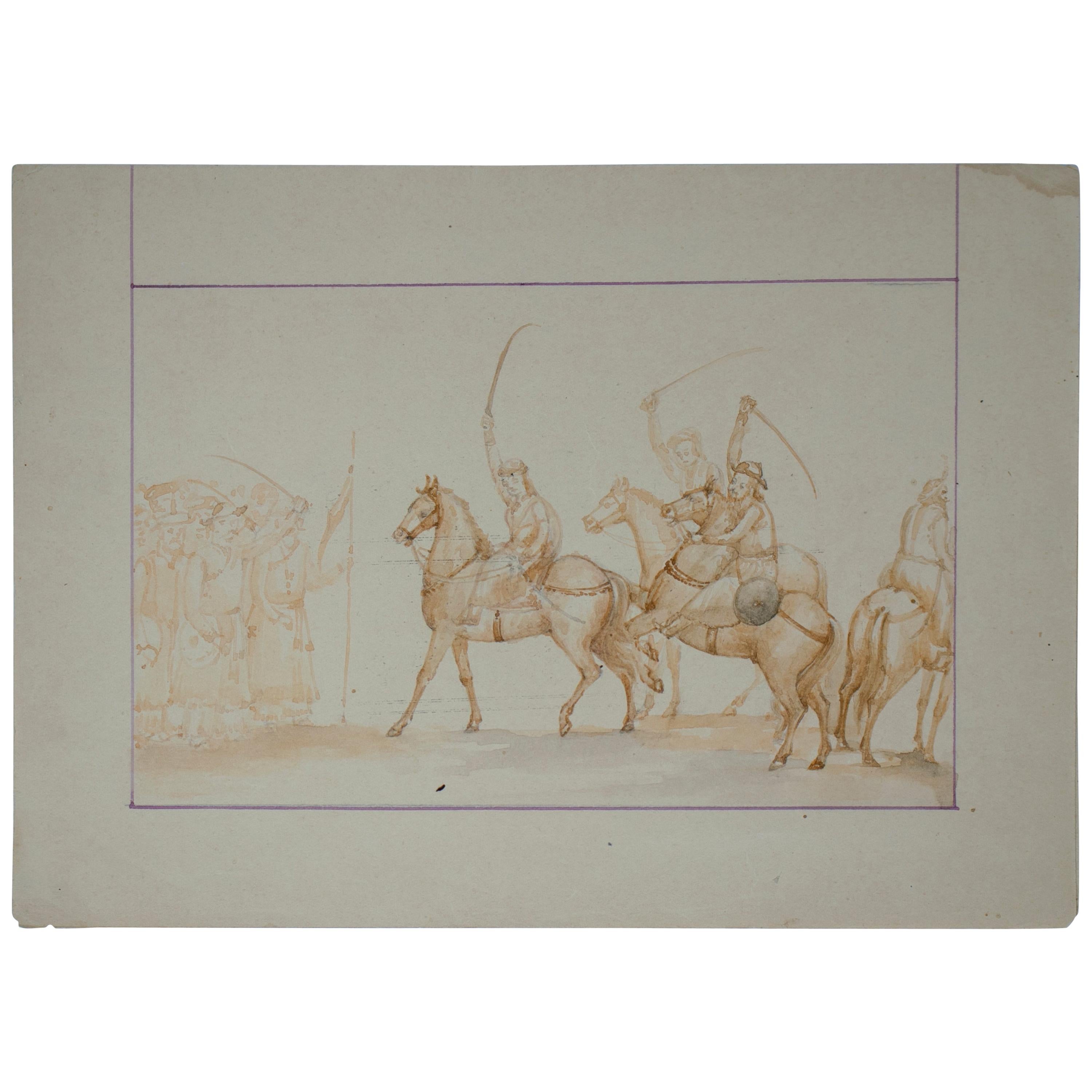 dessin indien des années 1970 sur papier gouaché représentant des cavaliers militaires
