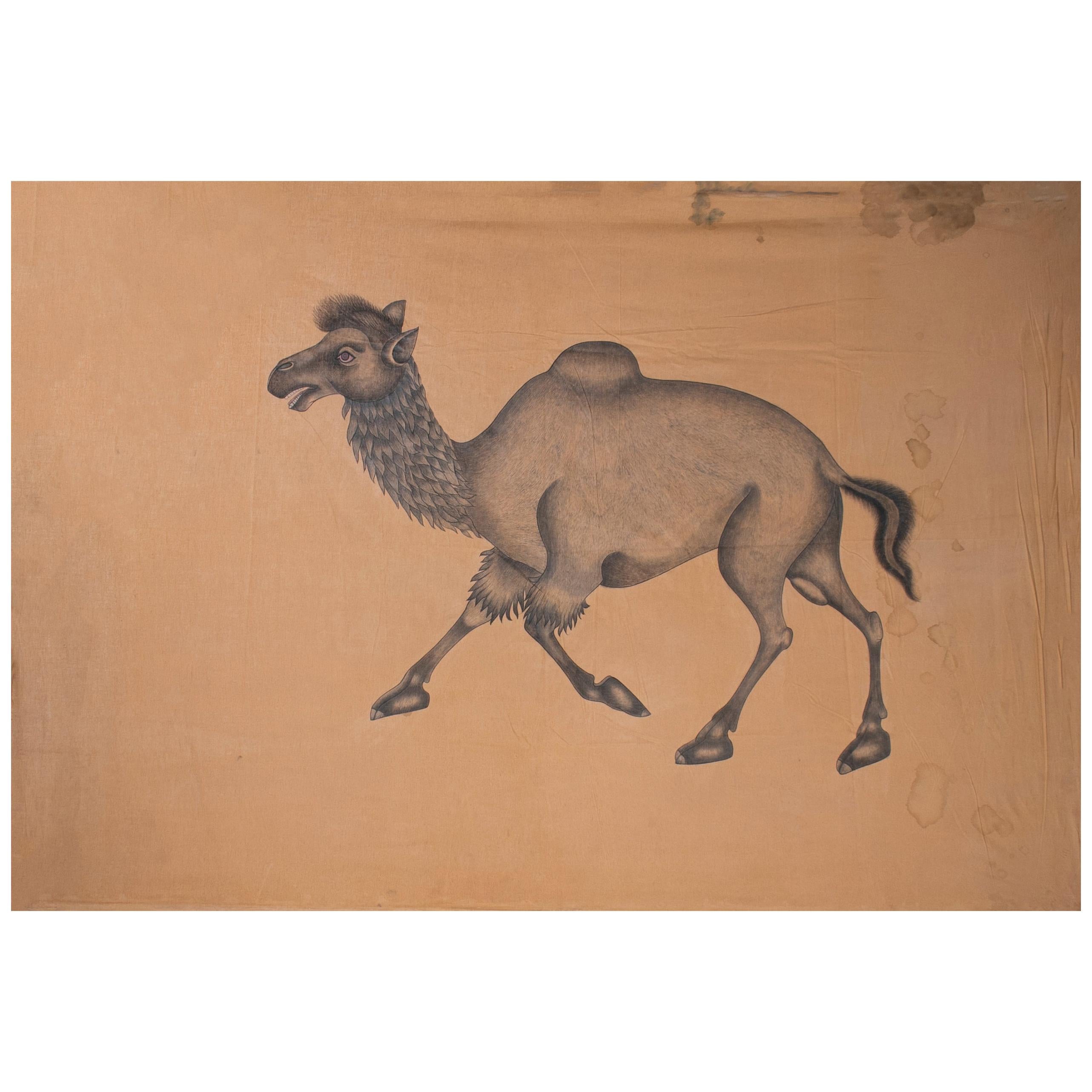 1970s Indian Painting "Walking Camel" Oil on Canvas, Jaime Parlade Design