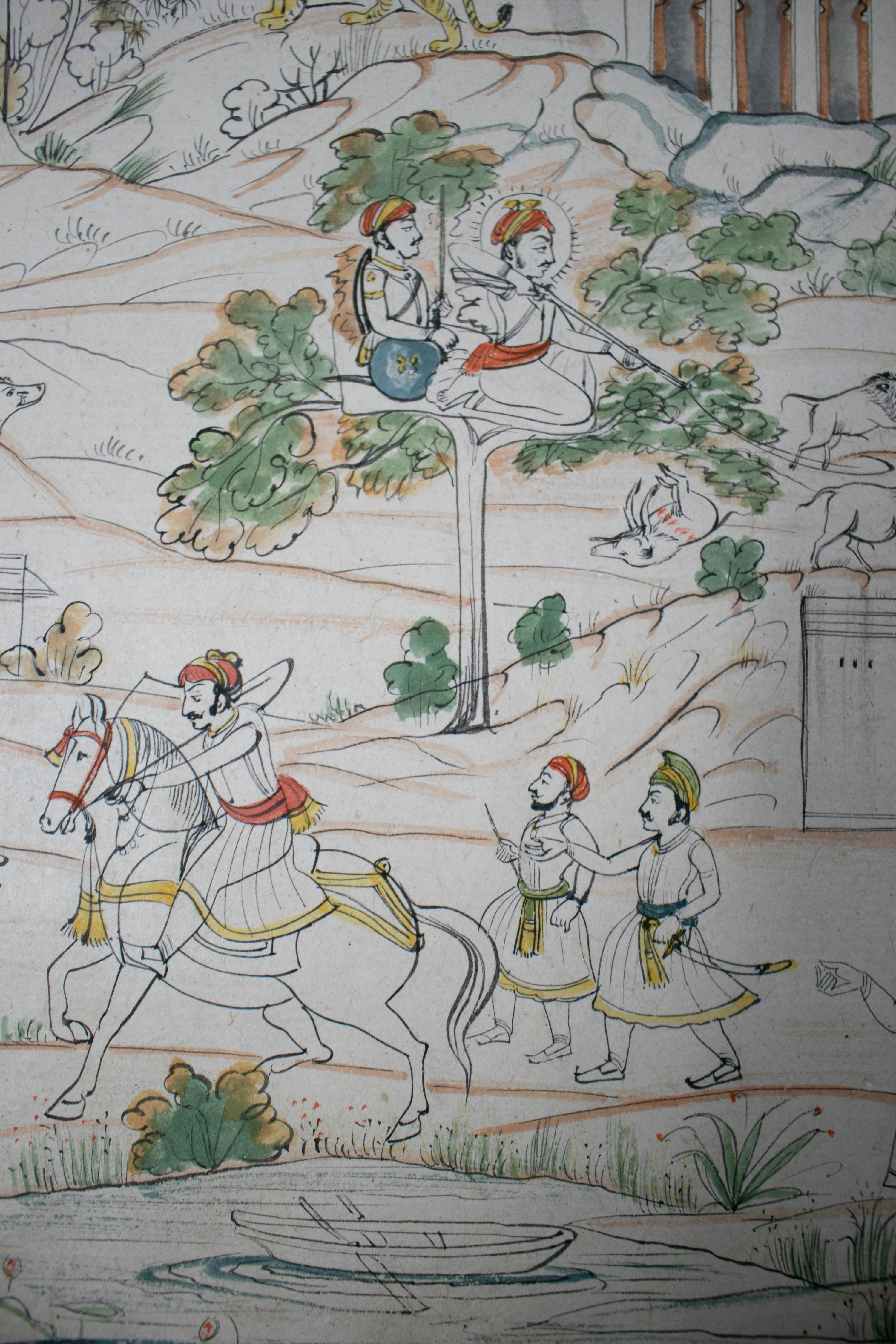paire de dessins indiens des années 1970 sur papier représentant des scènes de chasse et de musique en vente 3