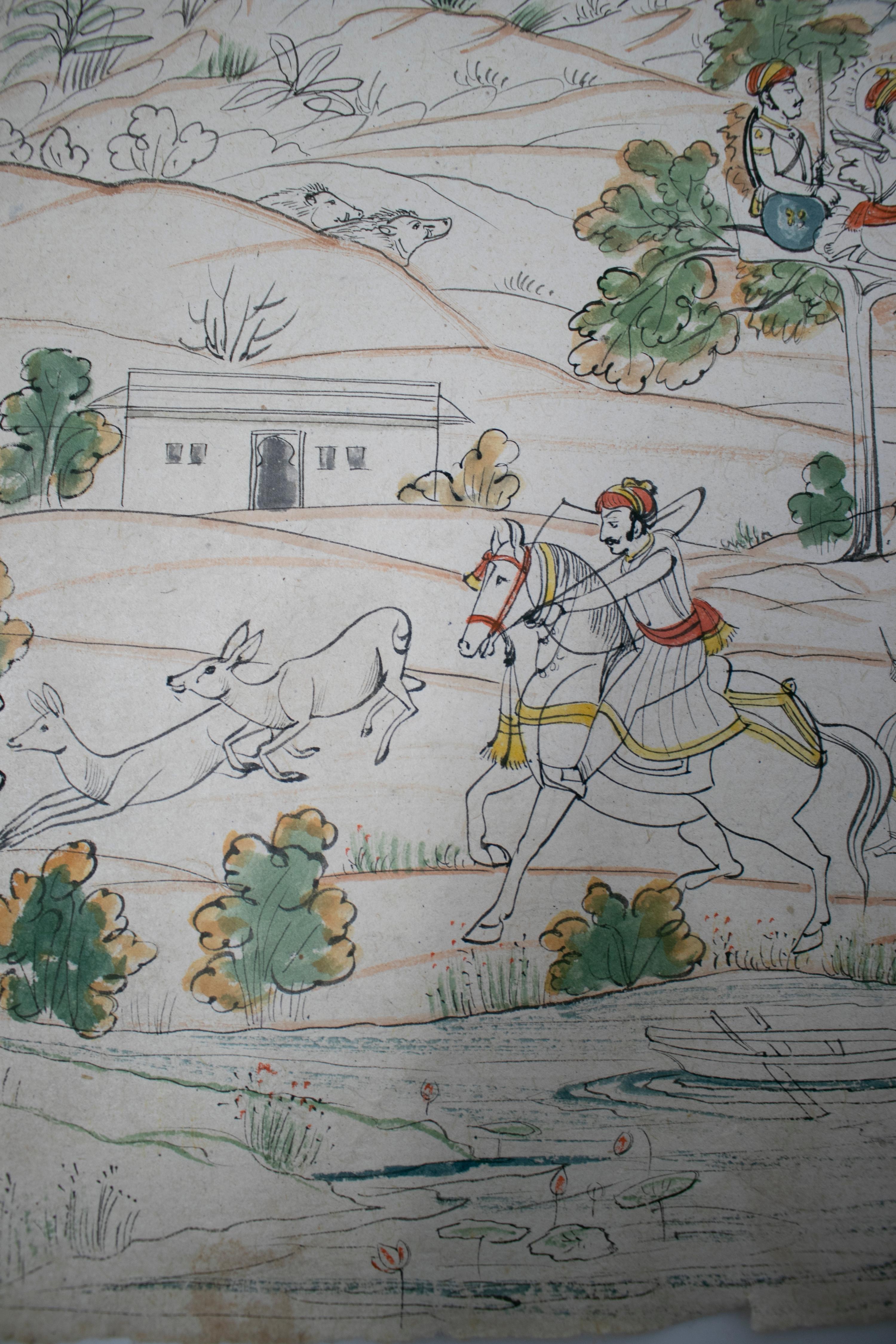 paire de dessins indiens des années 1970 sur papier représentant des scènes de chasse et de musique en vente 4