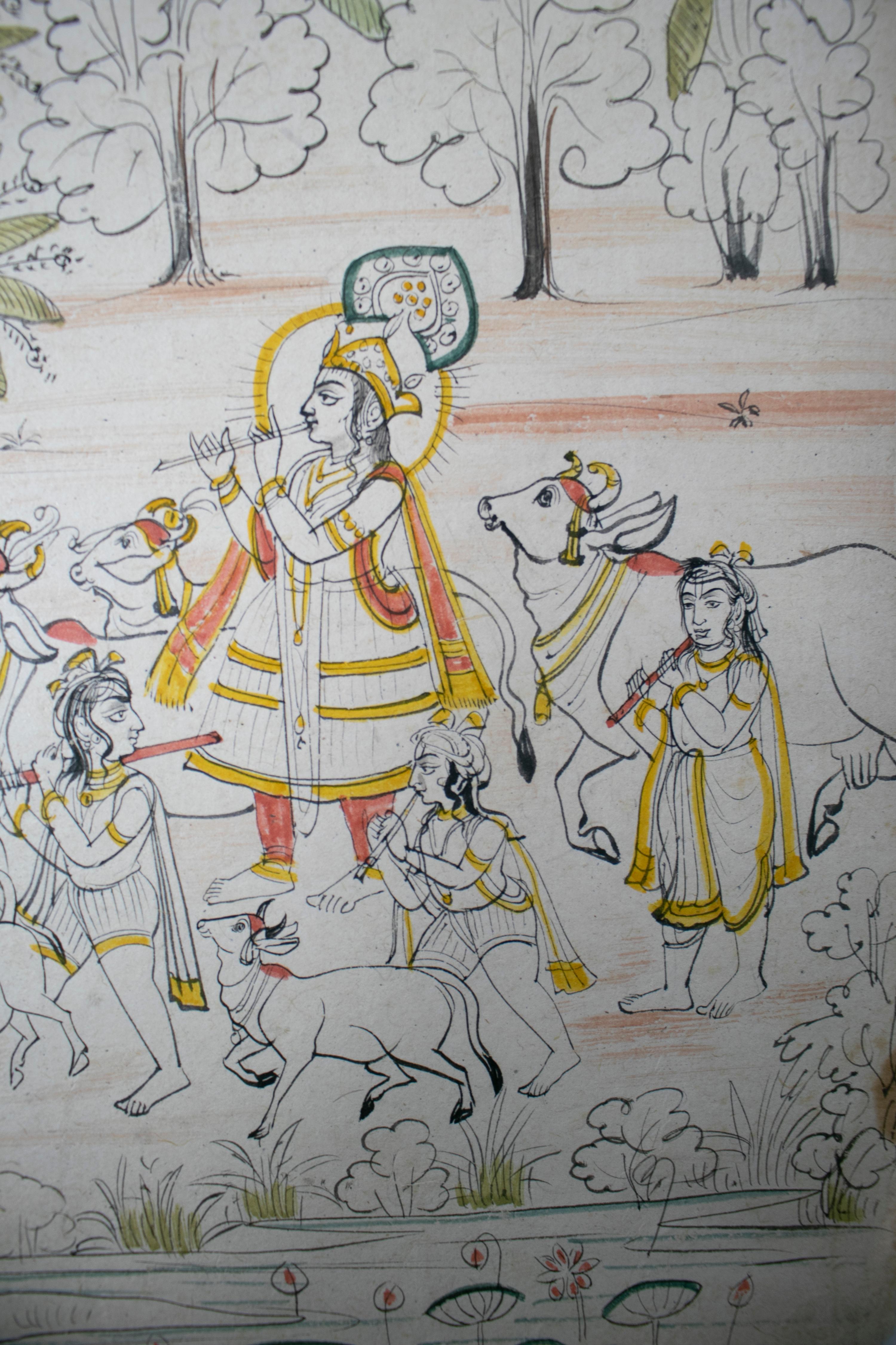 paire de dessins indiens des années 1970 sur papier représentant des scènes de chasse et de musique en vente 5