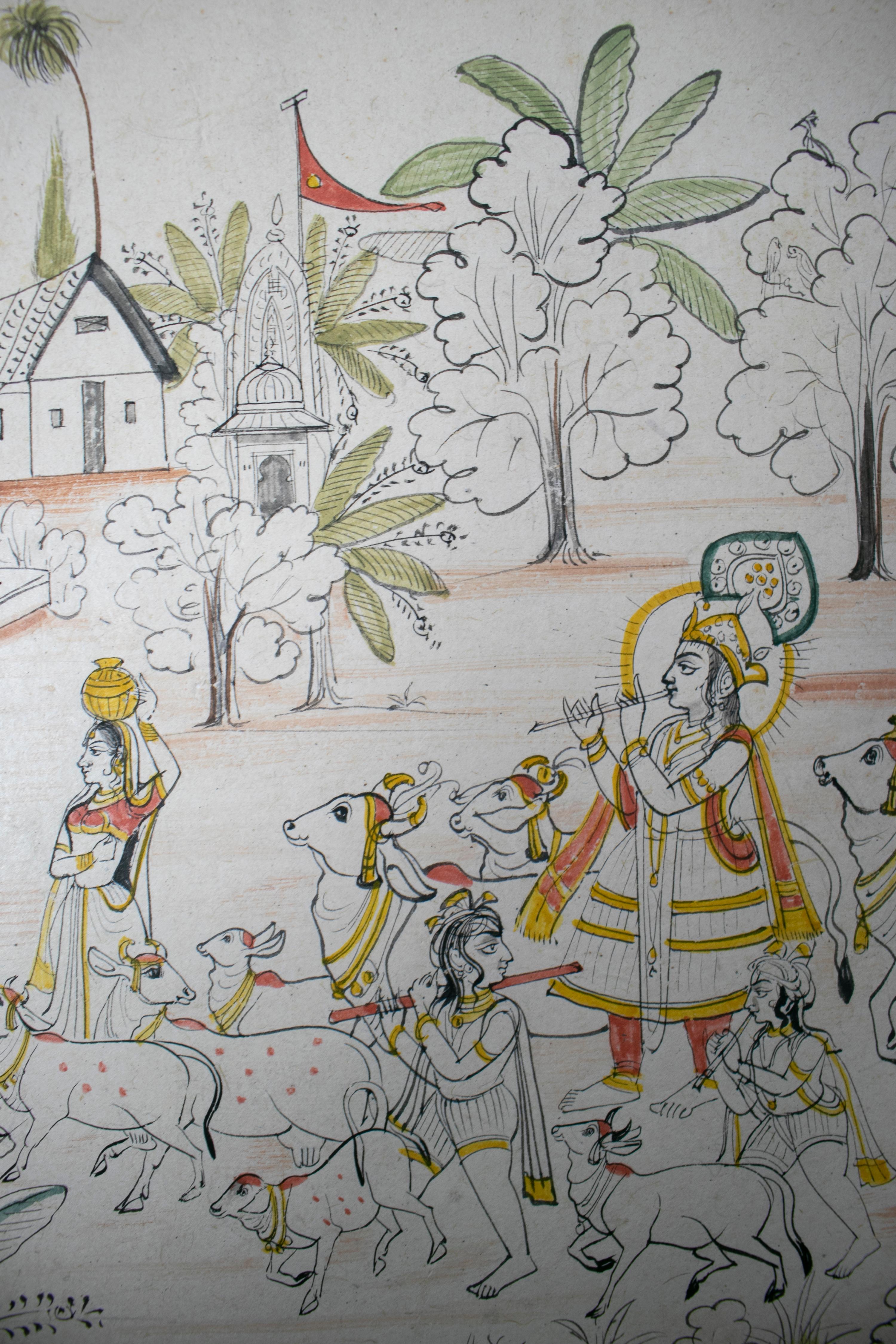 paire de dessins indiens des années 1970 sur papier représentant des scènes de chasse et de musique en vente 6