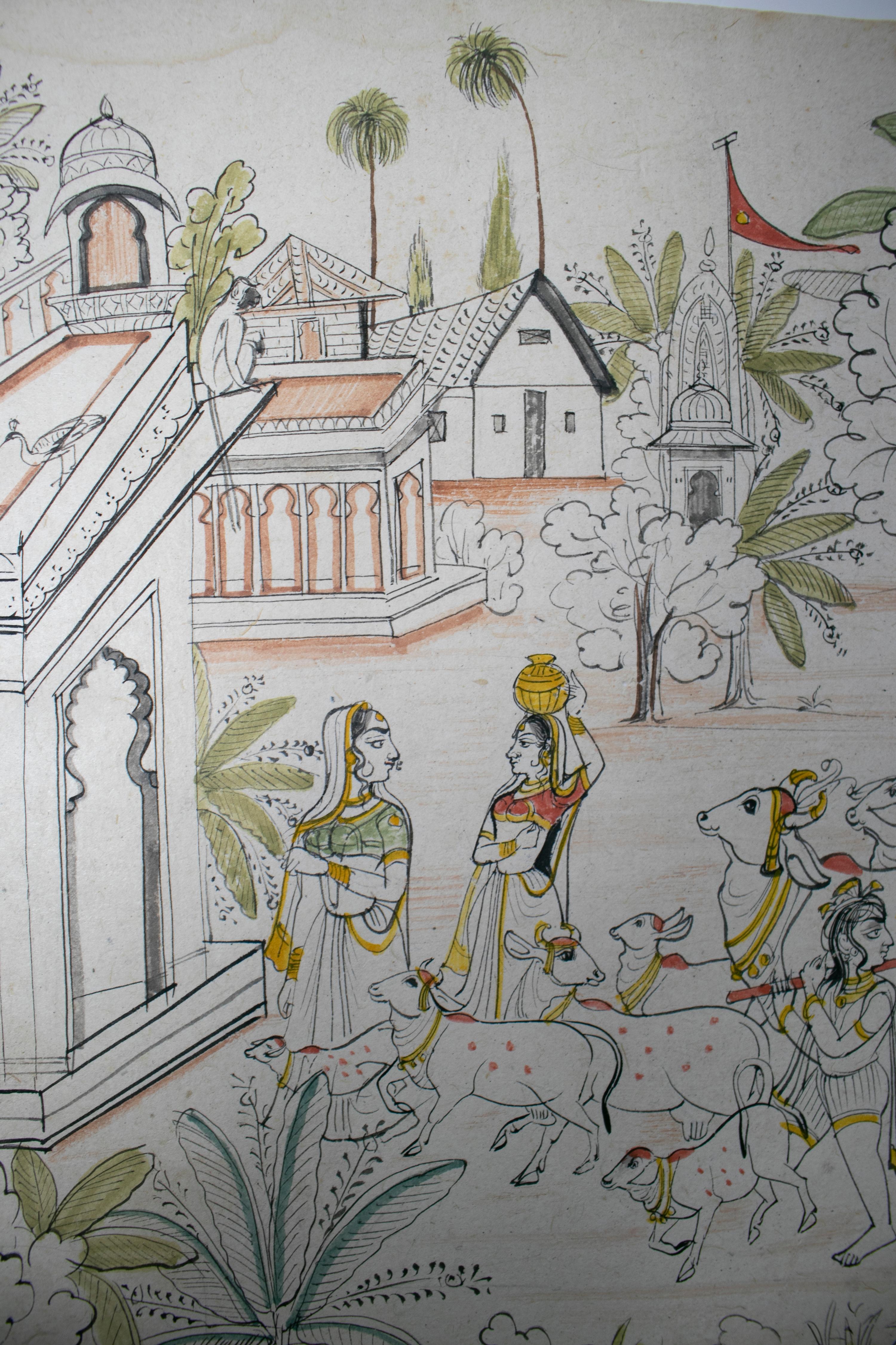 paire de dessins indiens des années 1970 sur papier représentant des scènes de chasse et de musique en vente 7