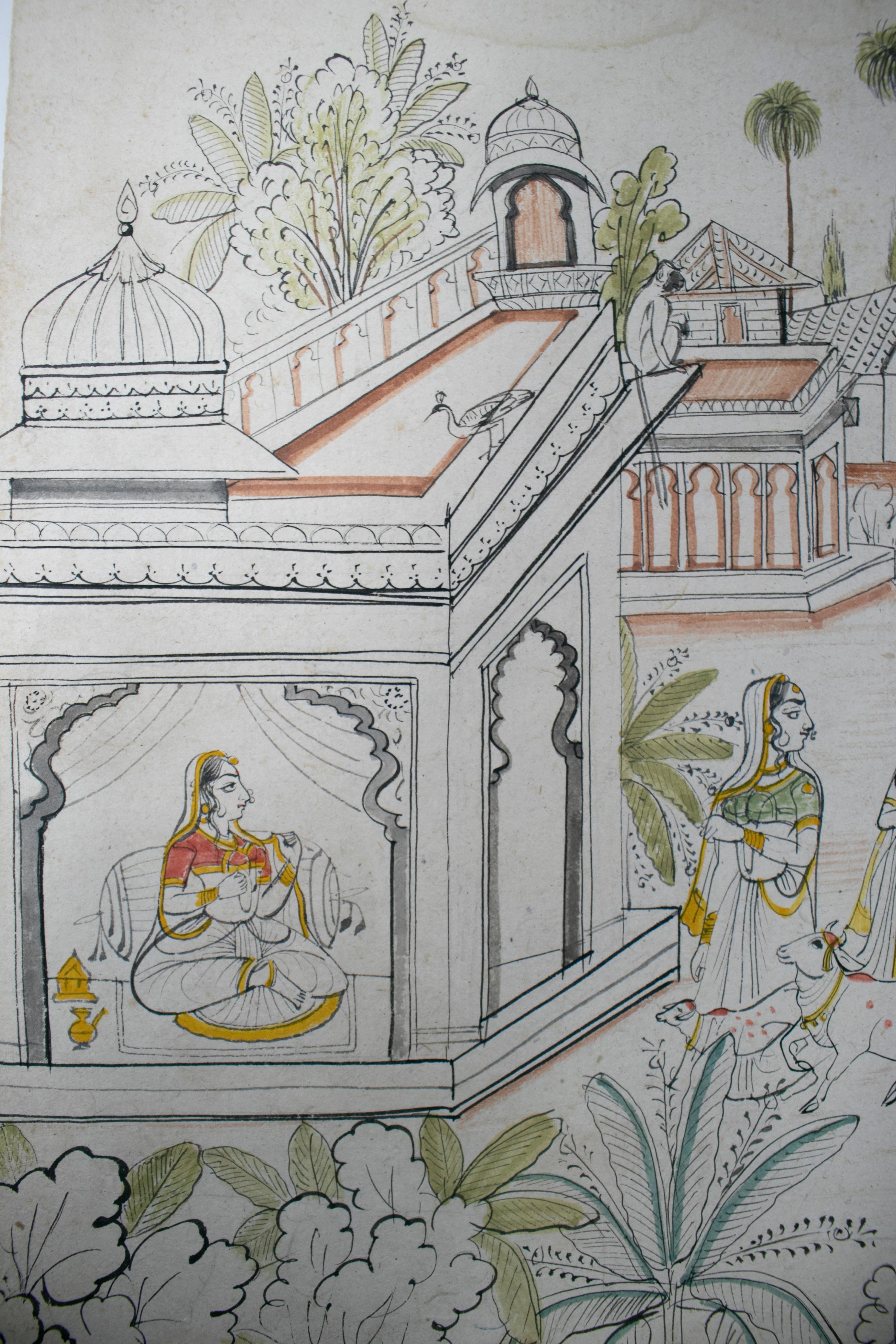paire de dessins indiens des années 1970 sur papier représentant des scènes de chasse et de musique en vente 8
