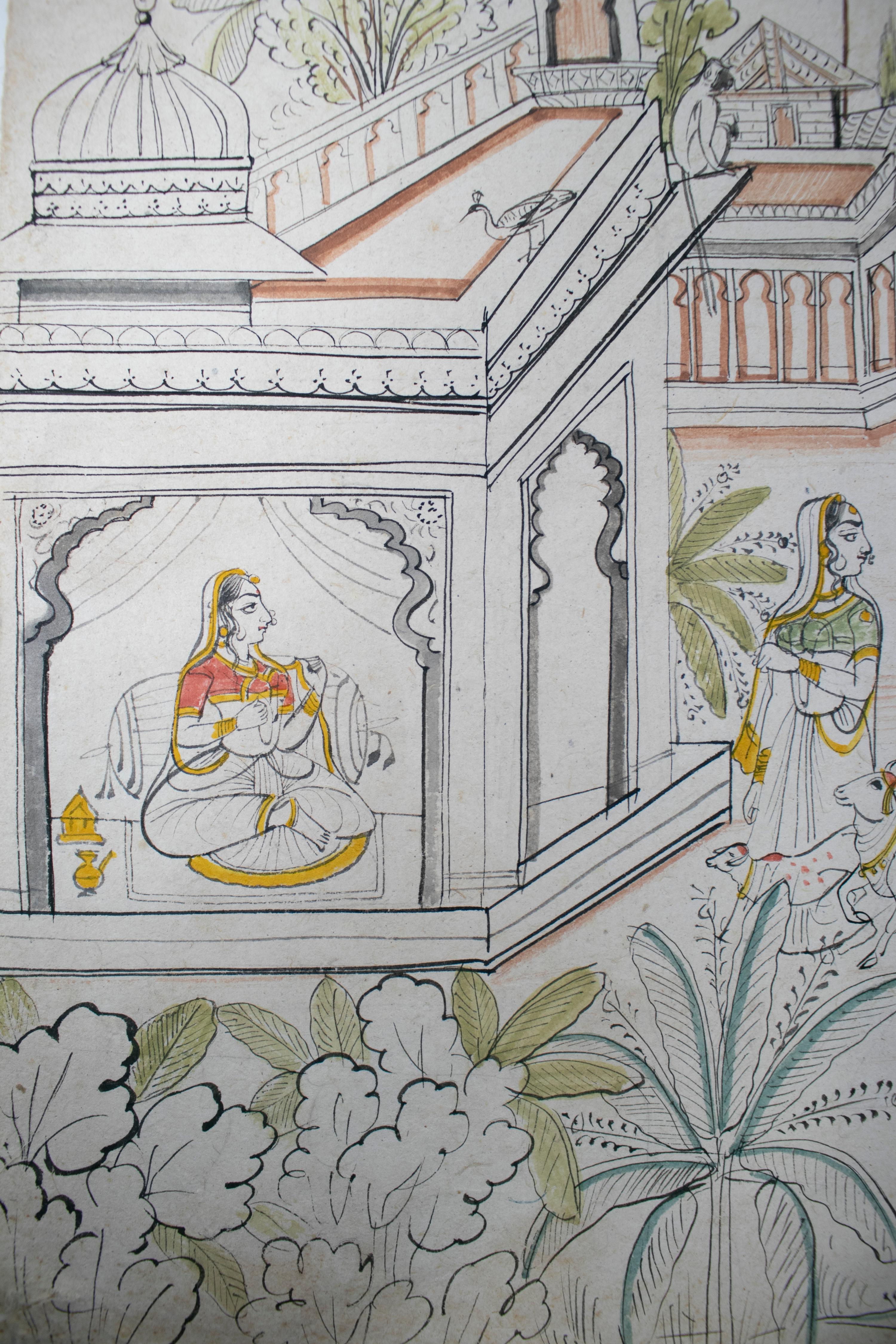 paire de dessins indiens des années 1970 sur papier représentant des scènes de chasse et de musique en vente 9