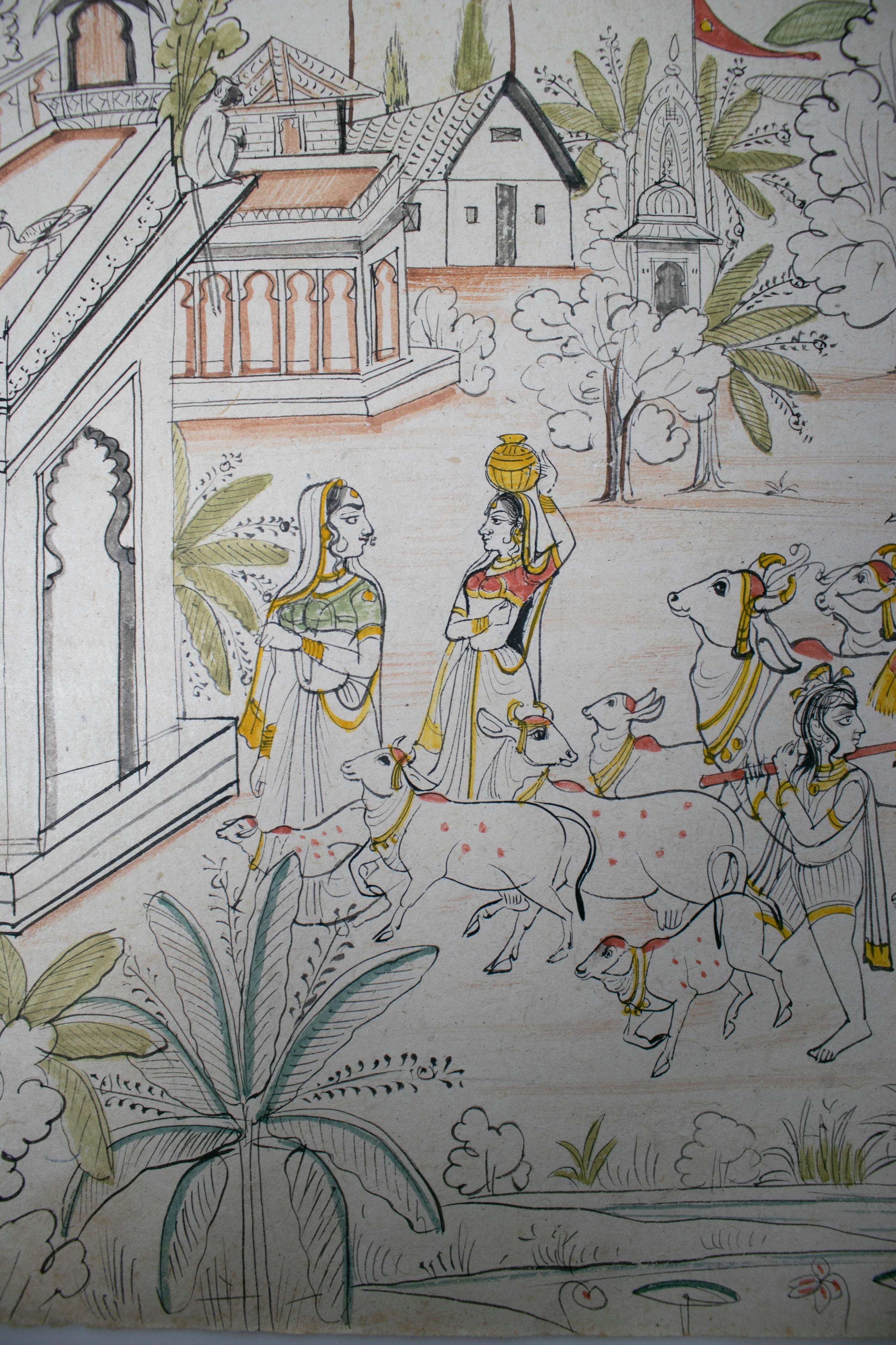 paire de dessins indiens des années 1970 sur papier représentant des scènes de chasse et de musique en vente 10