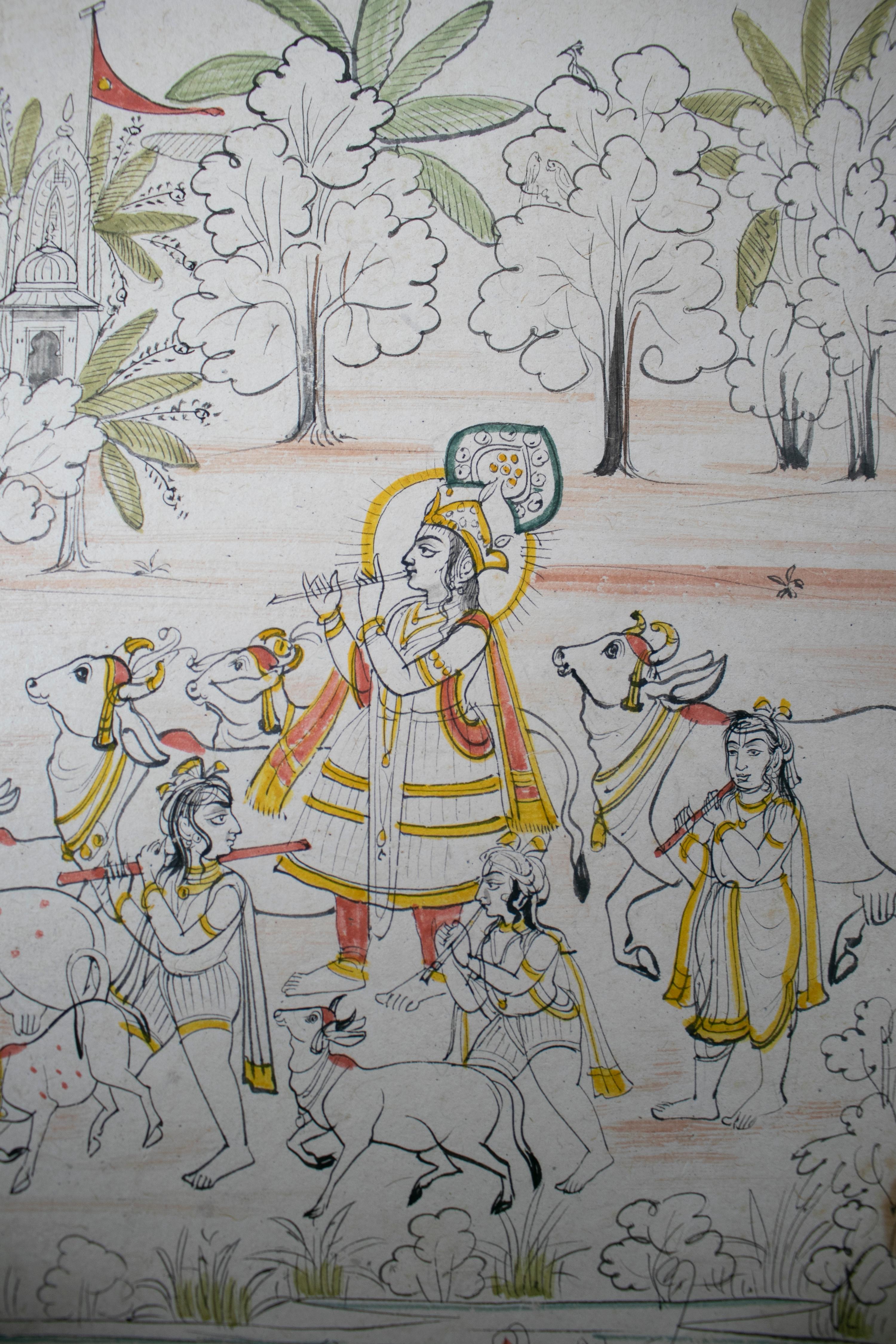 paire de dessins indiens des années 1970 sur papier représentant des scènes de chasse et de musique en vente 11