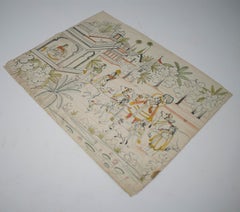 paire de dessins indiens des années 1970 sur papier représentant des scènes de chasse et de musique