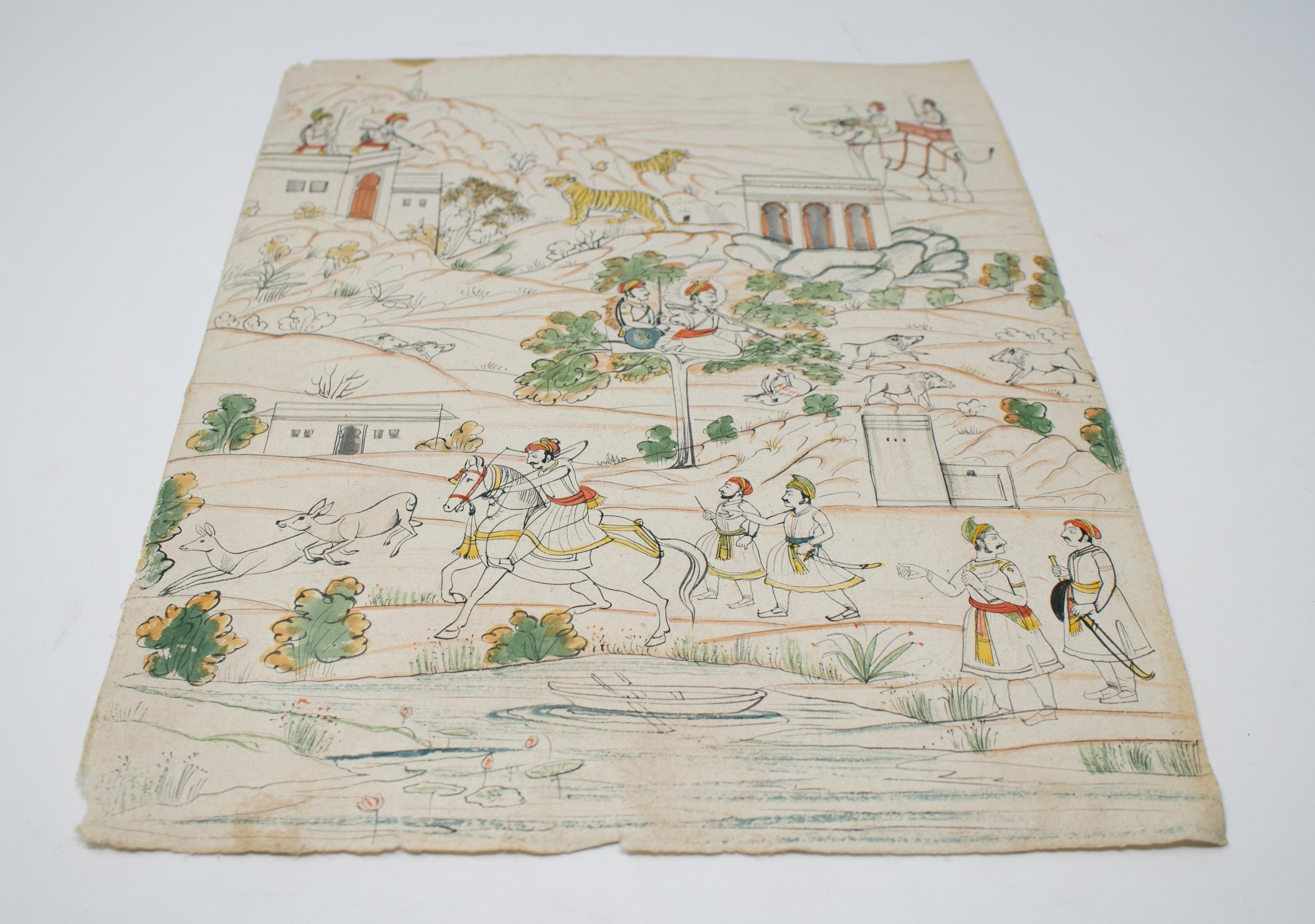 Hand-Painted 1970s Indian Pair of Paper Drawings Depicting Hunting and Music Scenes For Sale