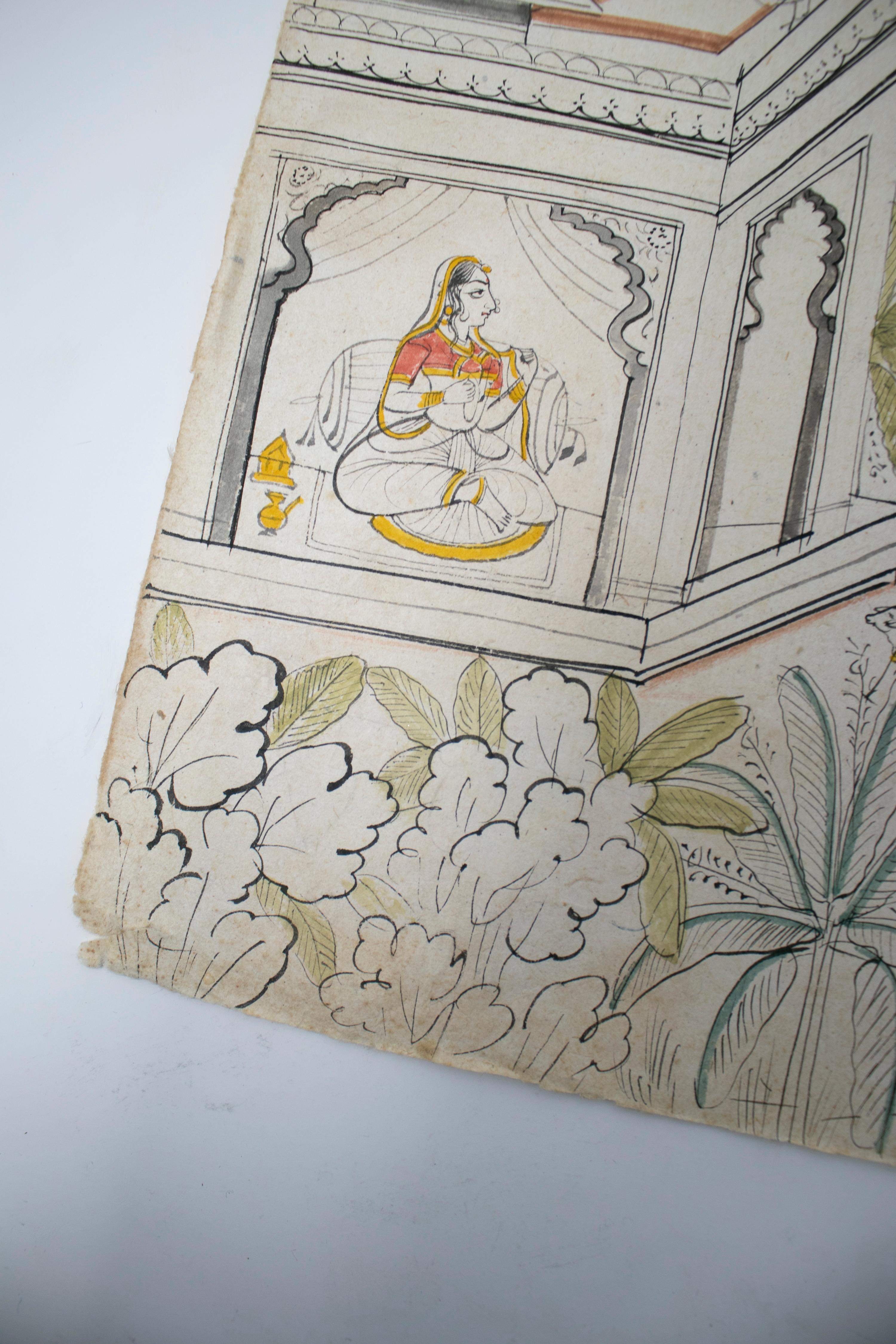 Peint à la main paire de dessins indiens des années 1970 sur papier représentant des scènes de chasse et de musique en vente