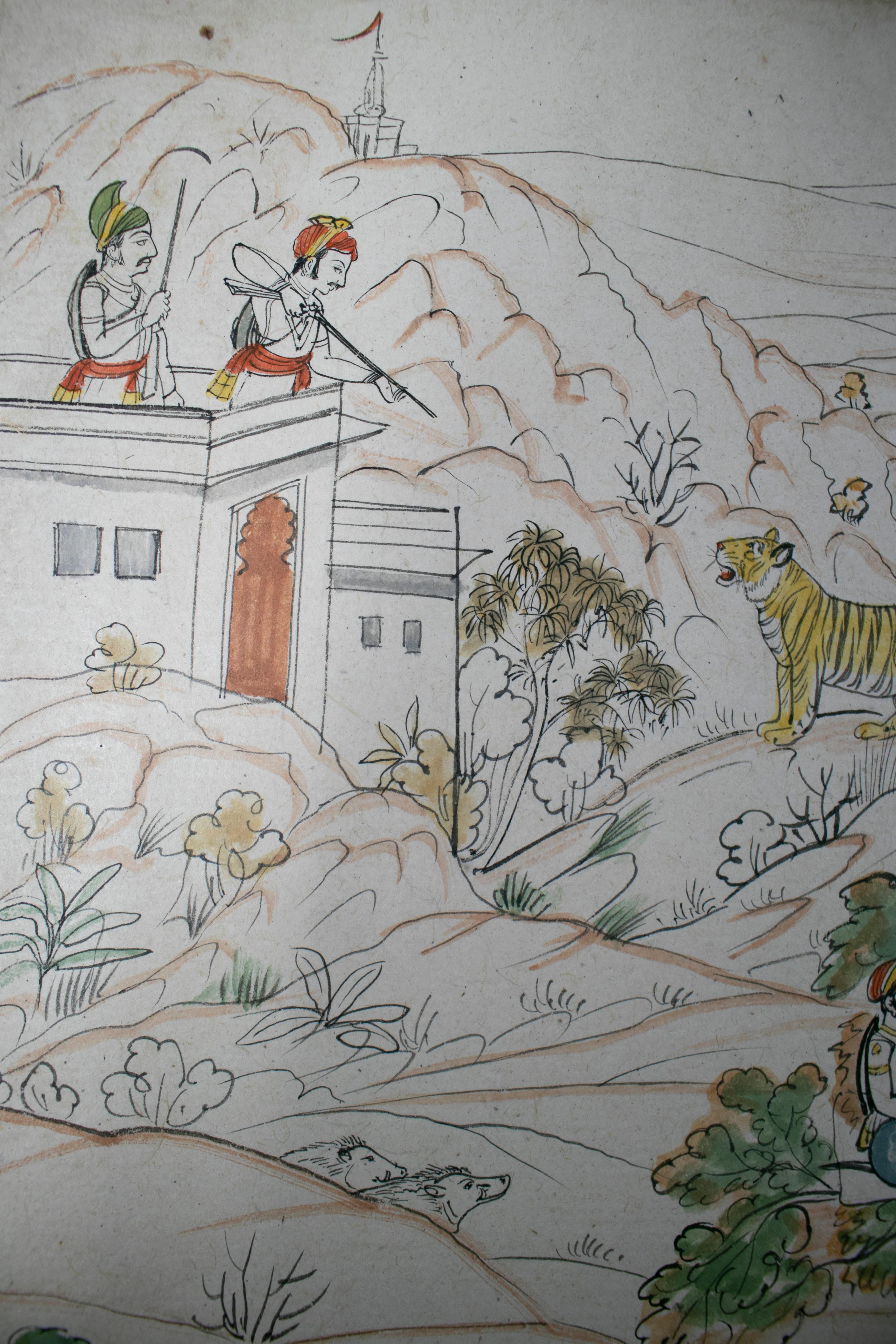 paire de dessins indiens des années 1970 sur papier représentant des scènes de chasse et de musique Bon état - En vente à Marbella, ES
