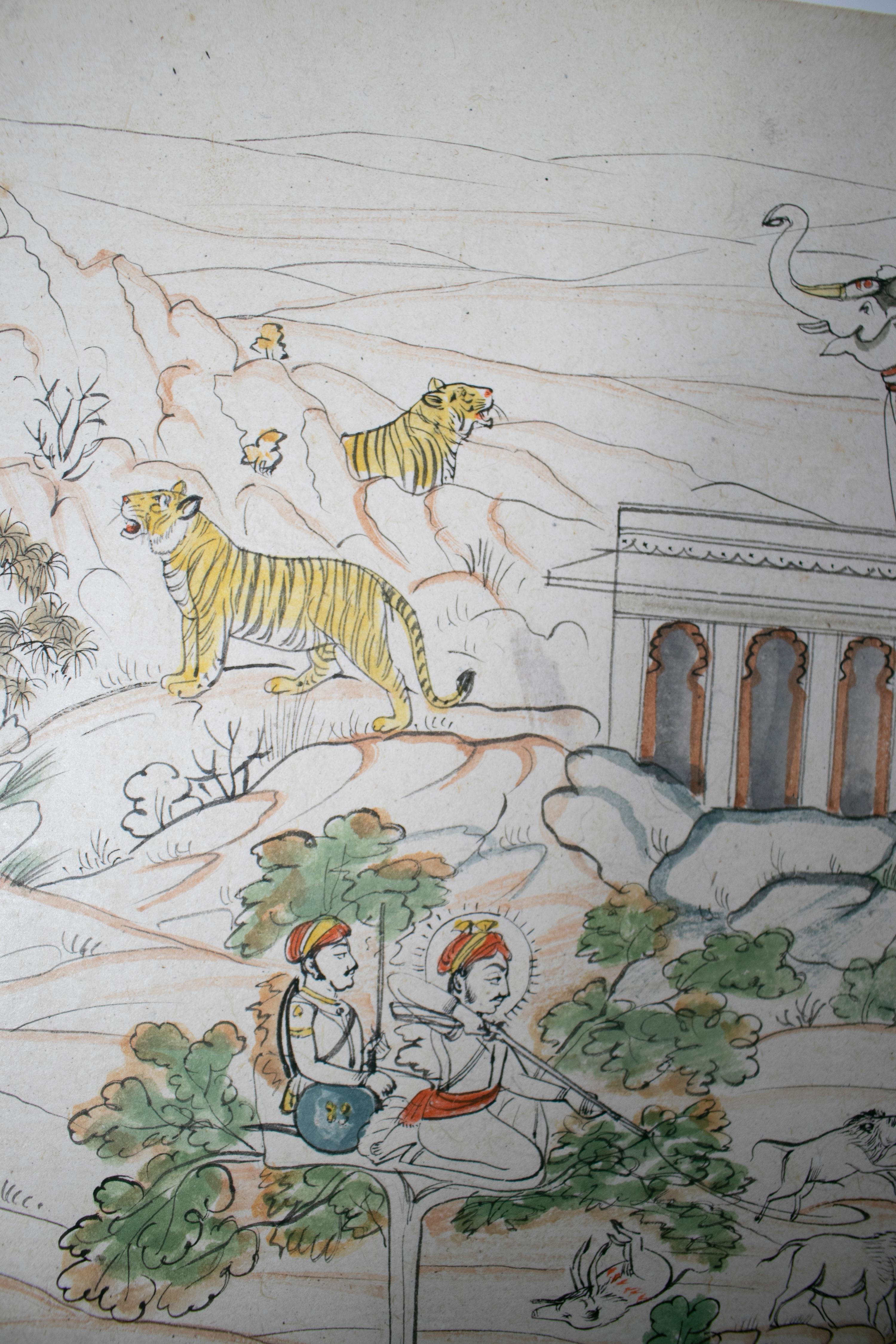 20ième siècle paire de dessins indiens des années 1970 sur papier représentant des scènes de chasse et de musique en vente