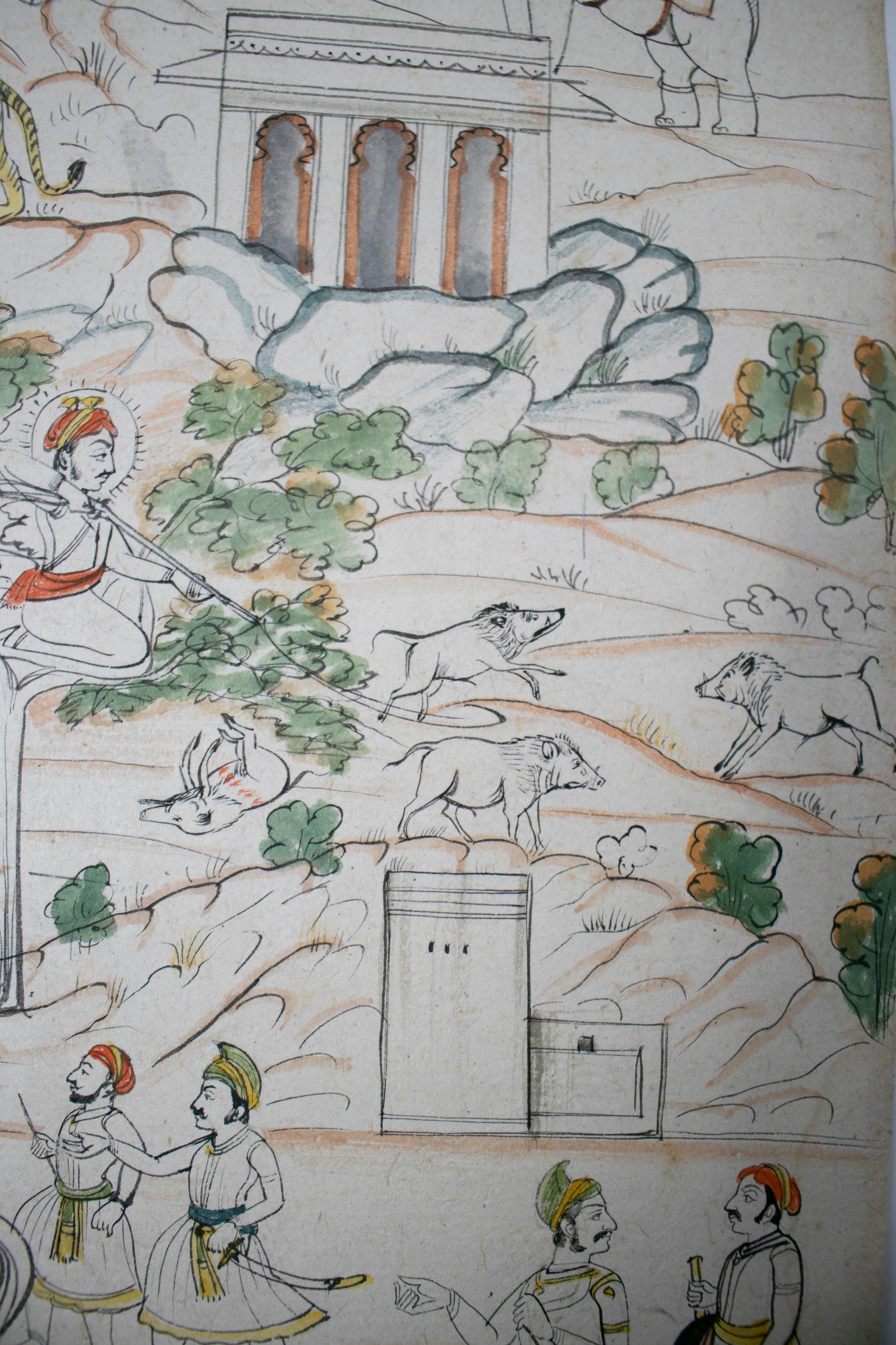paire de dessins indiens des années 1970 sur papier représentant des scènes de chasse et de musique en vente 1