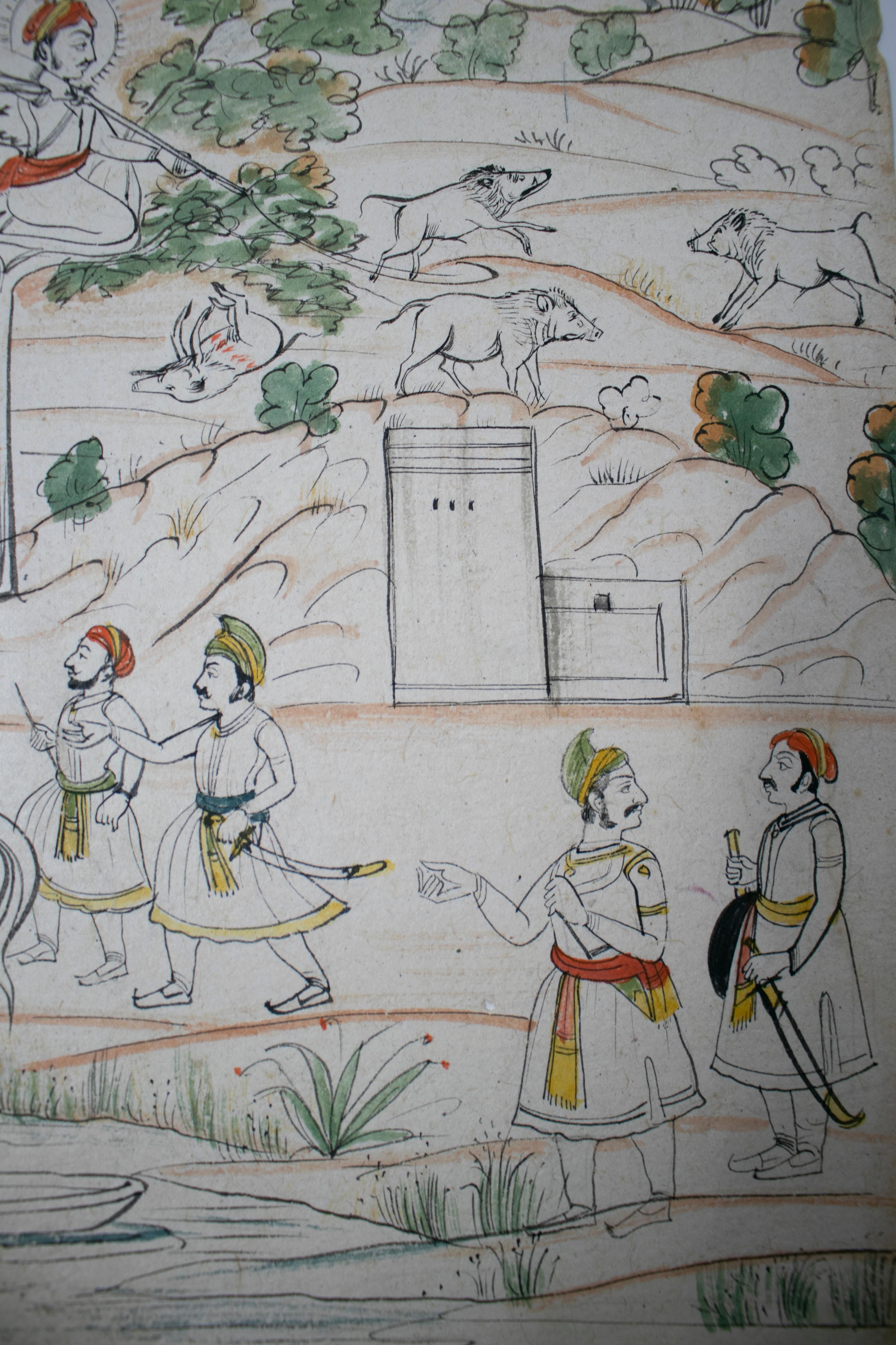 paire de dessins indiens des années 1970 sur papier représentant des scènes de chasse et de musique en vente 2