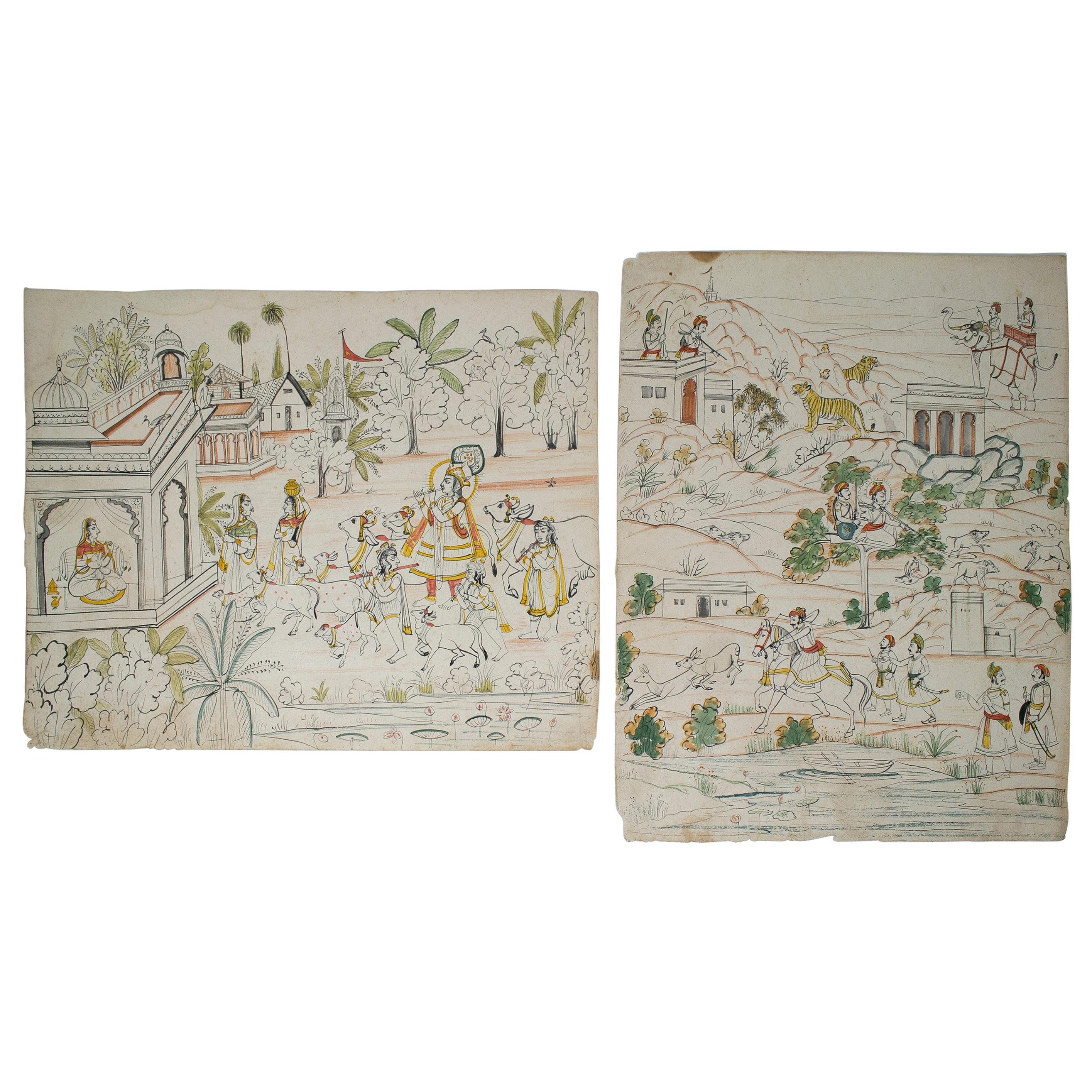 1970s Indian Pair of Paper Drawings Depicting Hunting and Music Scenes For Sale