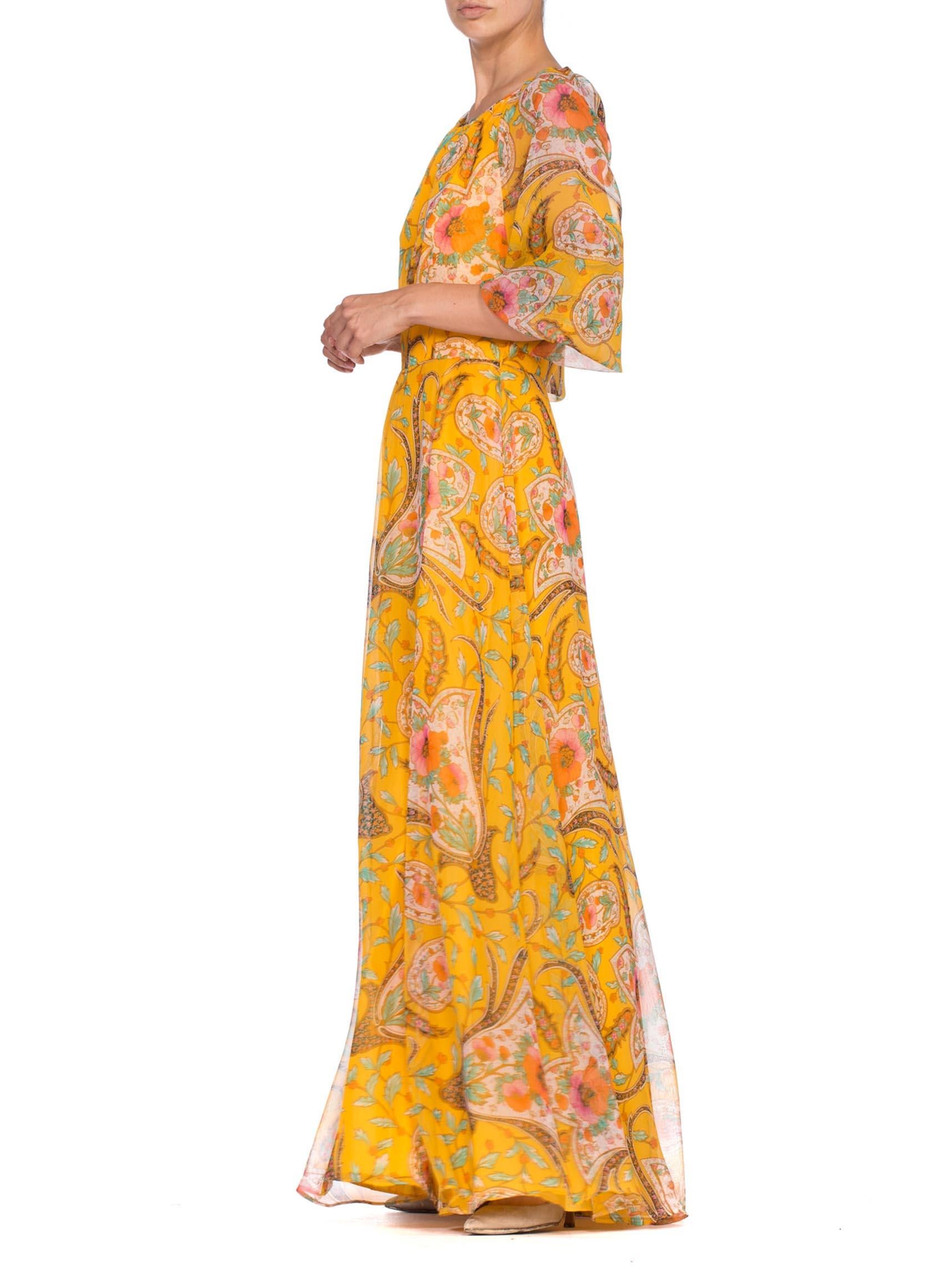 Orange 1970'S Mustard Yellow Poly/Rayon Chiffon Indian Paisley Floral Boho Dress