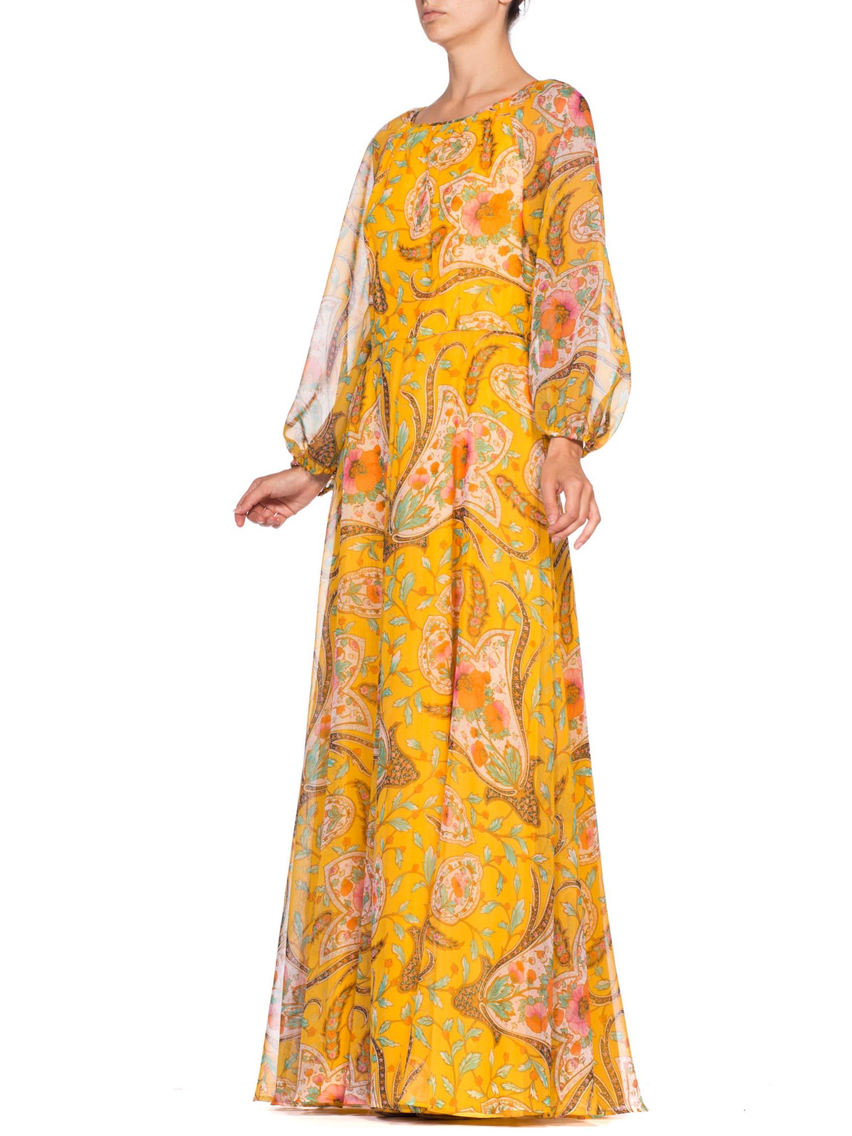 1970'S Mustard Yellow Poly/Rayon Chiffon Indian Paisley Floral Boho Dress In Excellent Condition In New York, NY