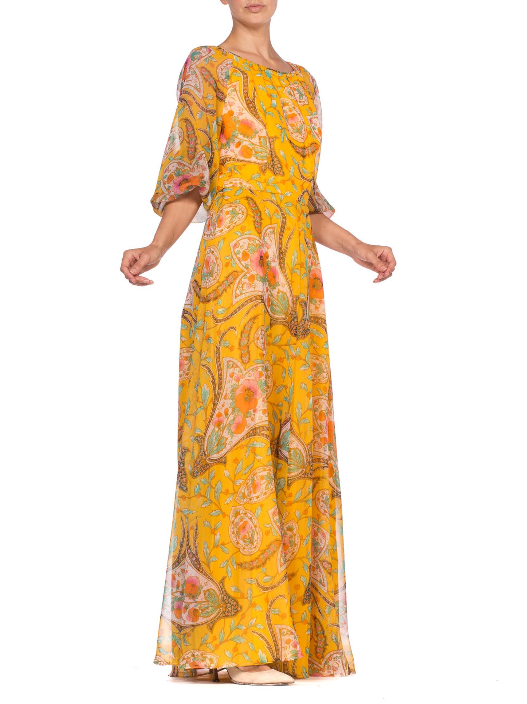 Women's 1970'S Mustard Yellow Poly/Rayon Chiffon Indian Paisley Floral Boho Dress