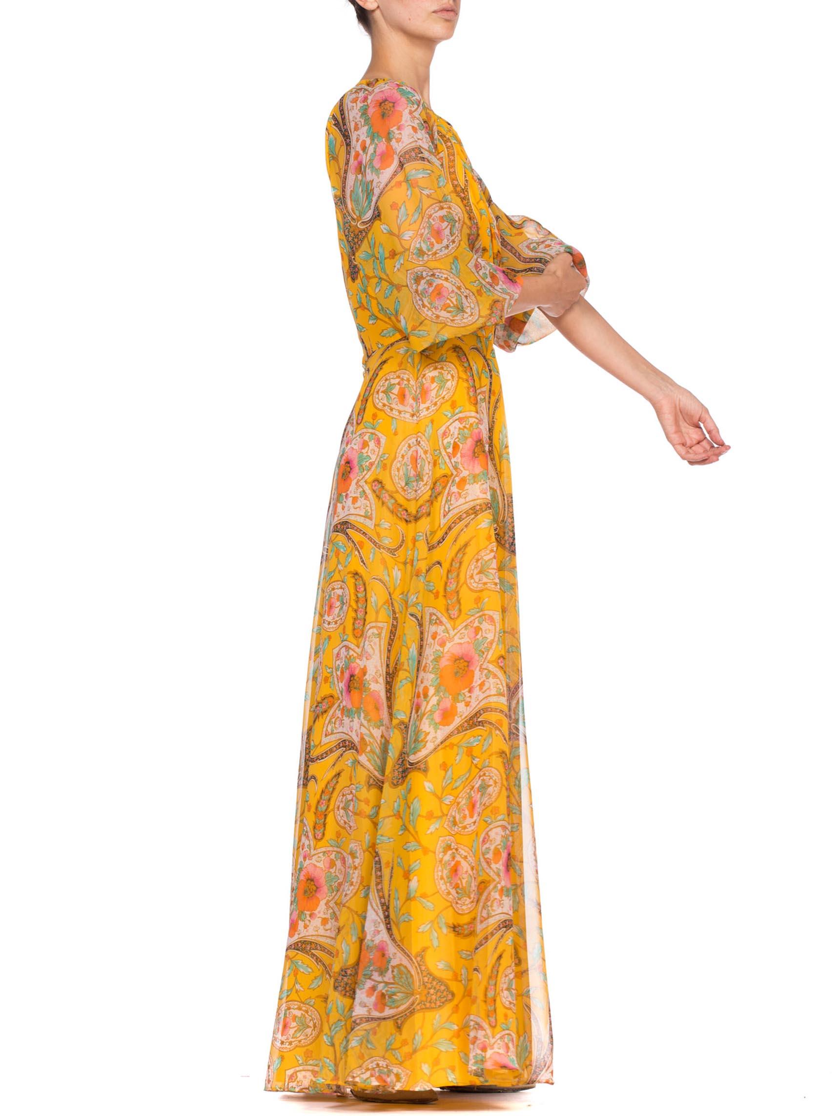 1970'S Mustard Yellow Poly/Rayon Chiffon Indian Paisley Floral Boho Dress 1