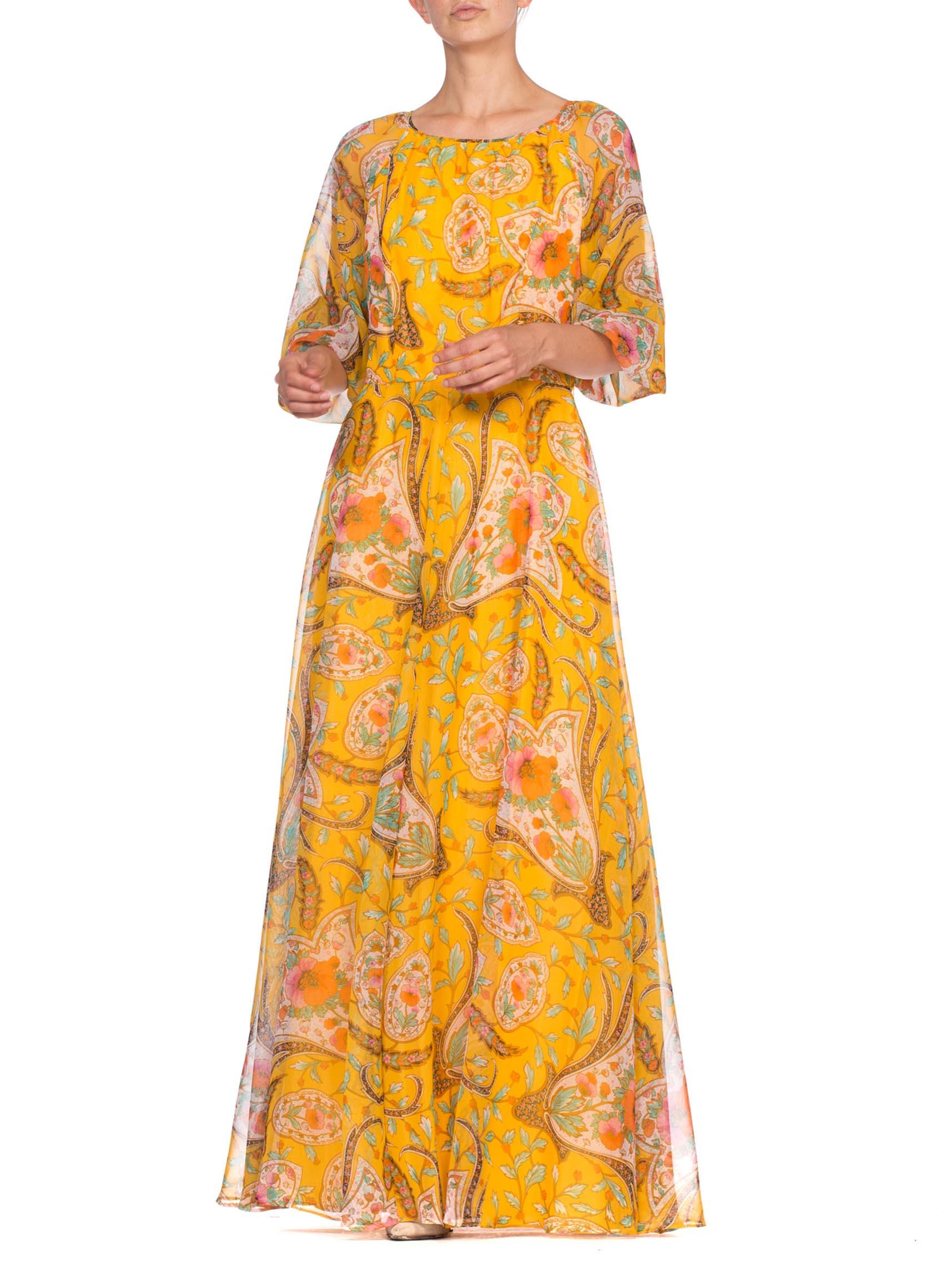 1970'S Mustard Yellow Poly/Rayon Chiffon Indian Paisley Floral Boho Dress 2
