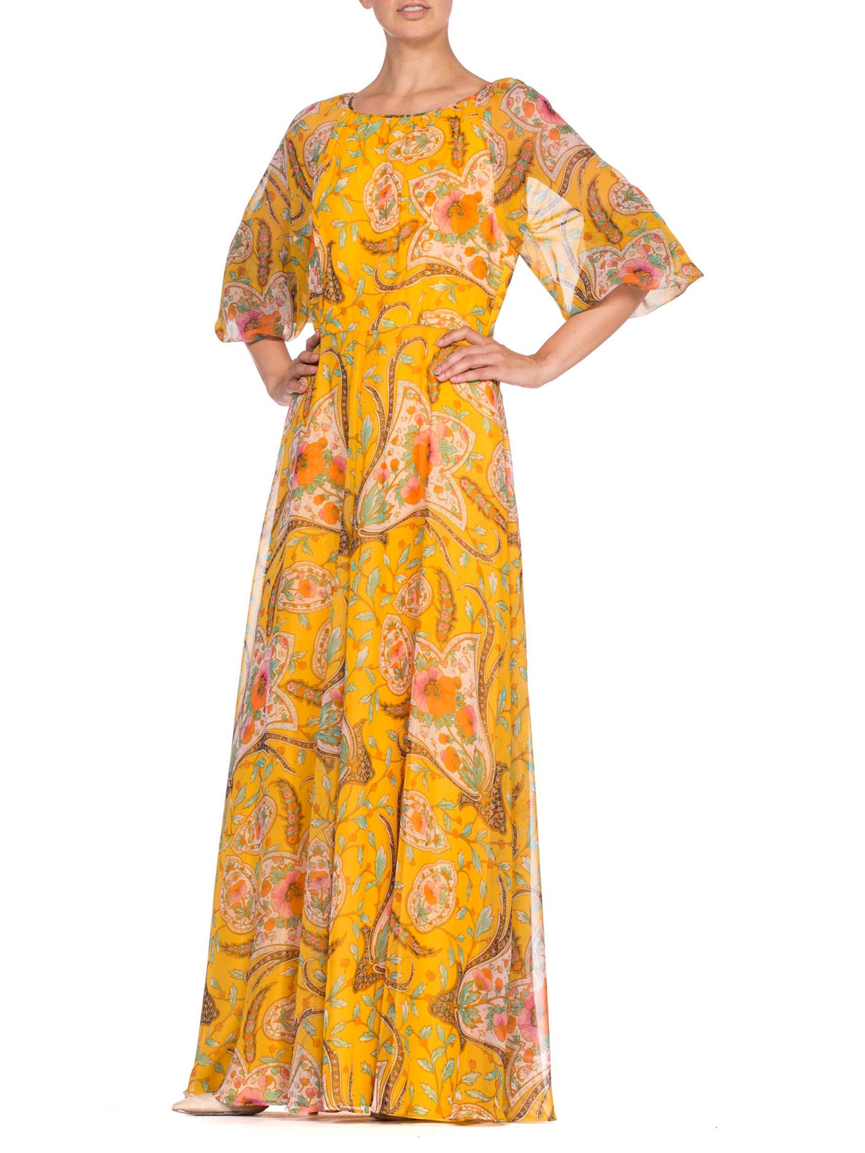 1970'S Mustard Yellow Poly/Rayon Chiffon Indian Paisley Floral Boho Dress 3