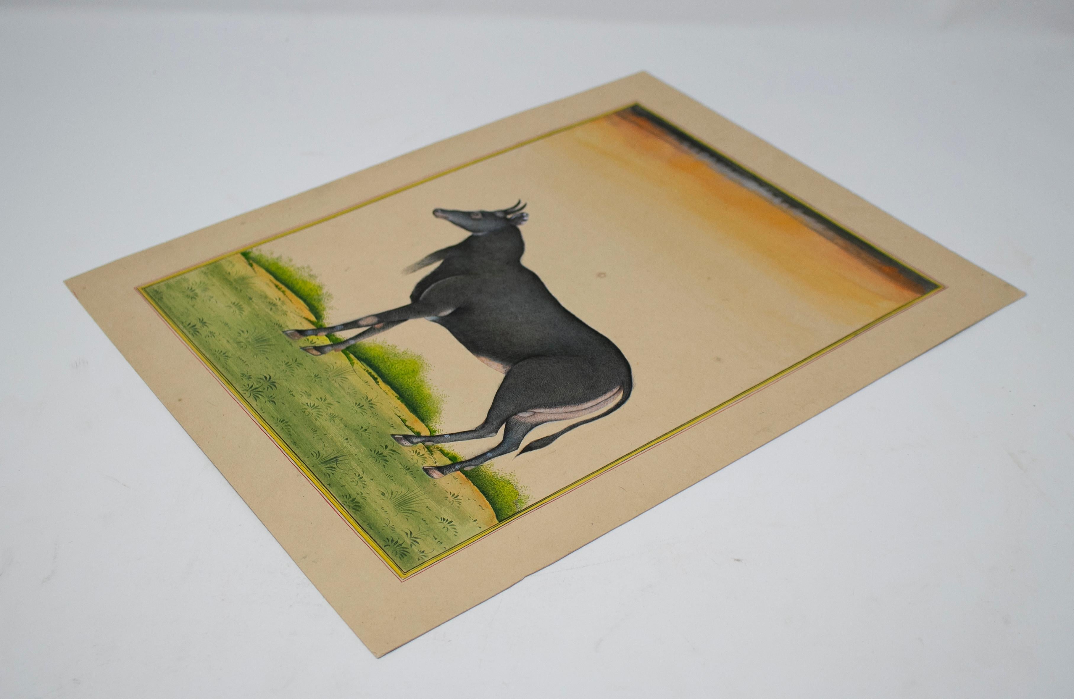 Hand-Painted 1970s Indian Paper Drawing of Goat For Sale