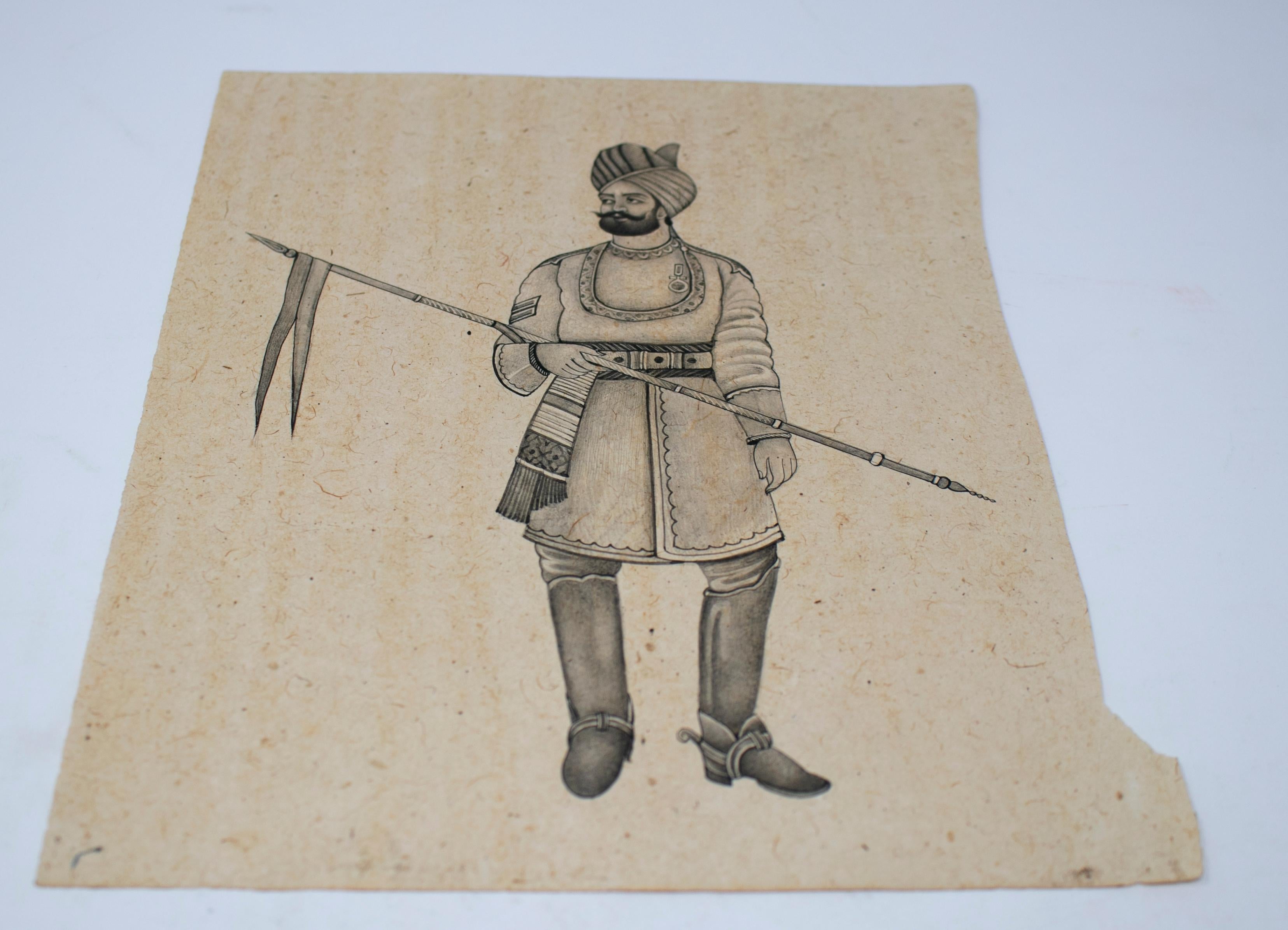 1970s Indian paper drawing of a Hindu man with a spear, part of a private collection.