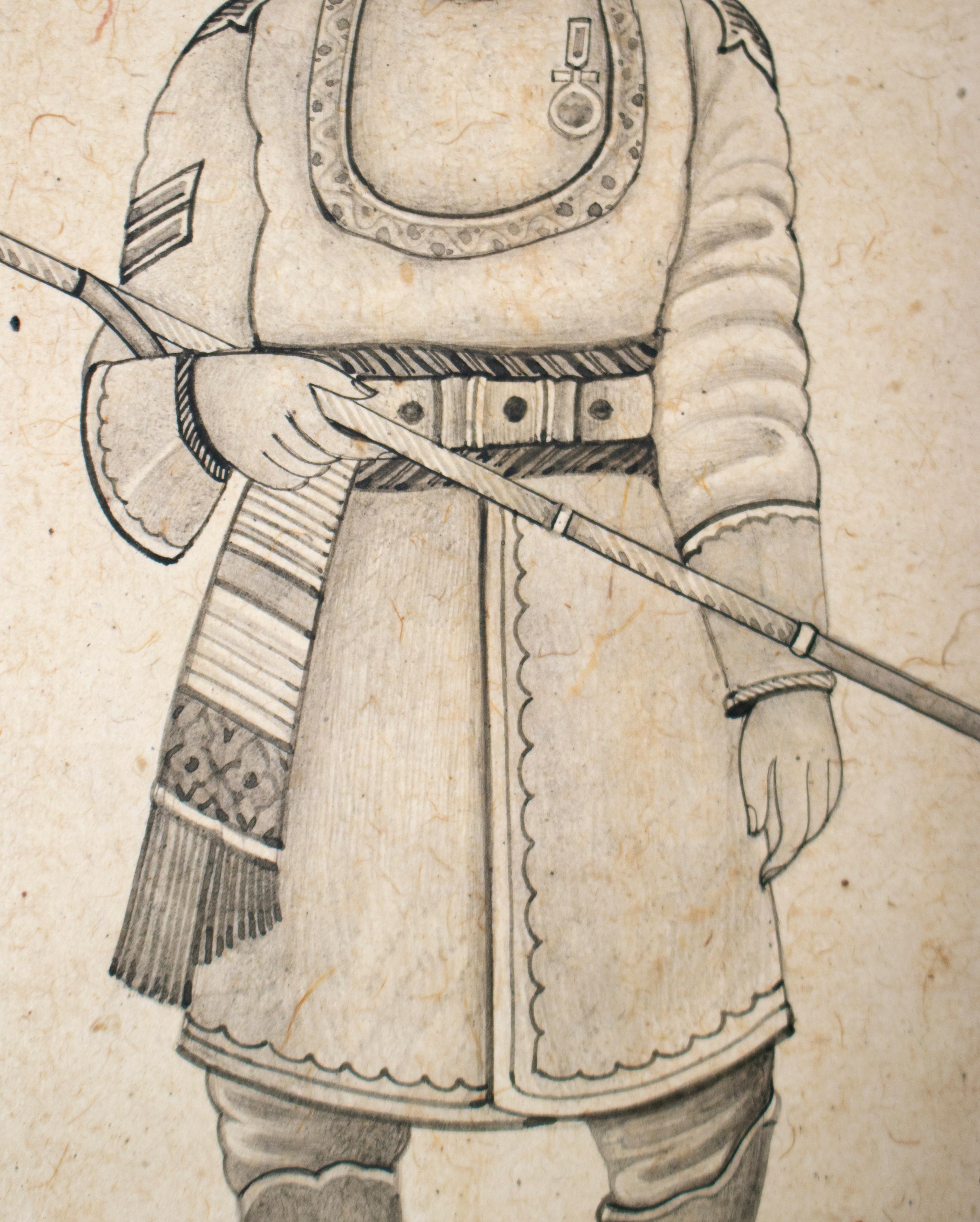 Hand-Painted 1970s Indian Paper Drawing of a Hindu Man with a Spear For Sale