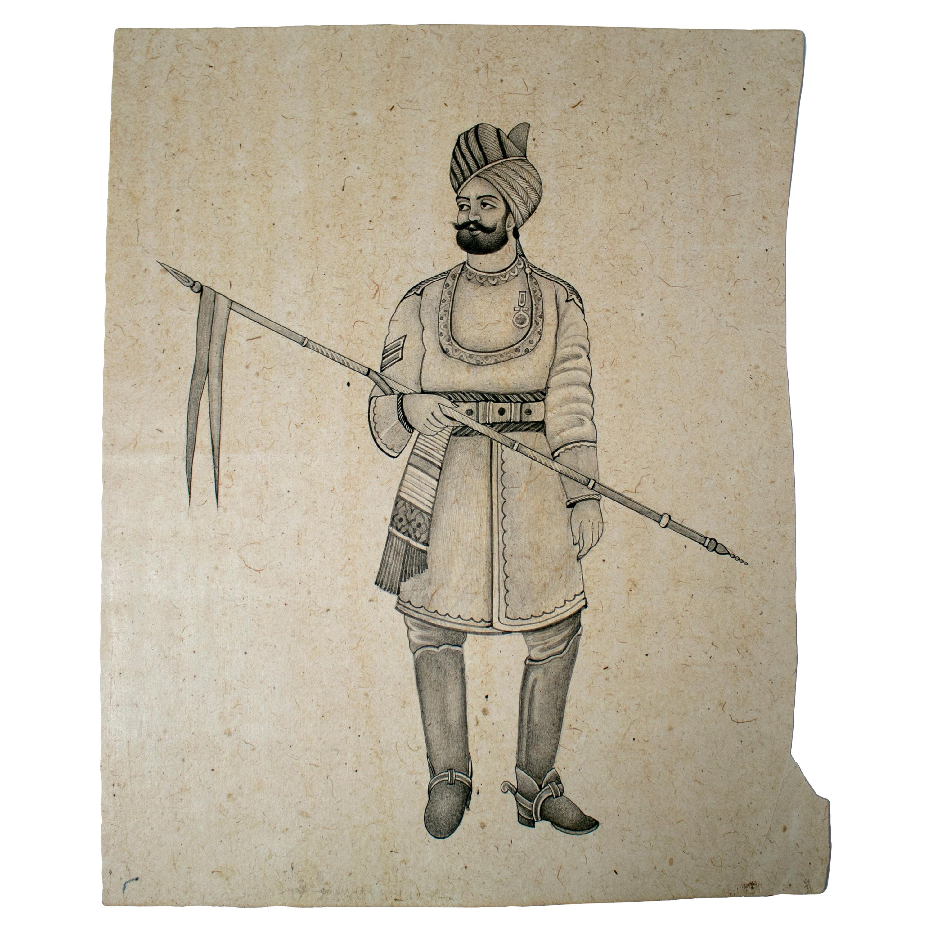 Dessin indien sur papier des années 1970 représentant un homme hindou avec une lance