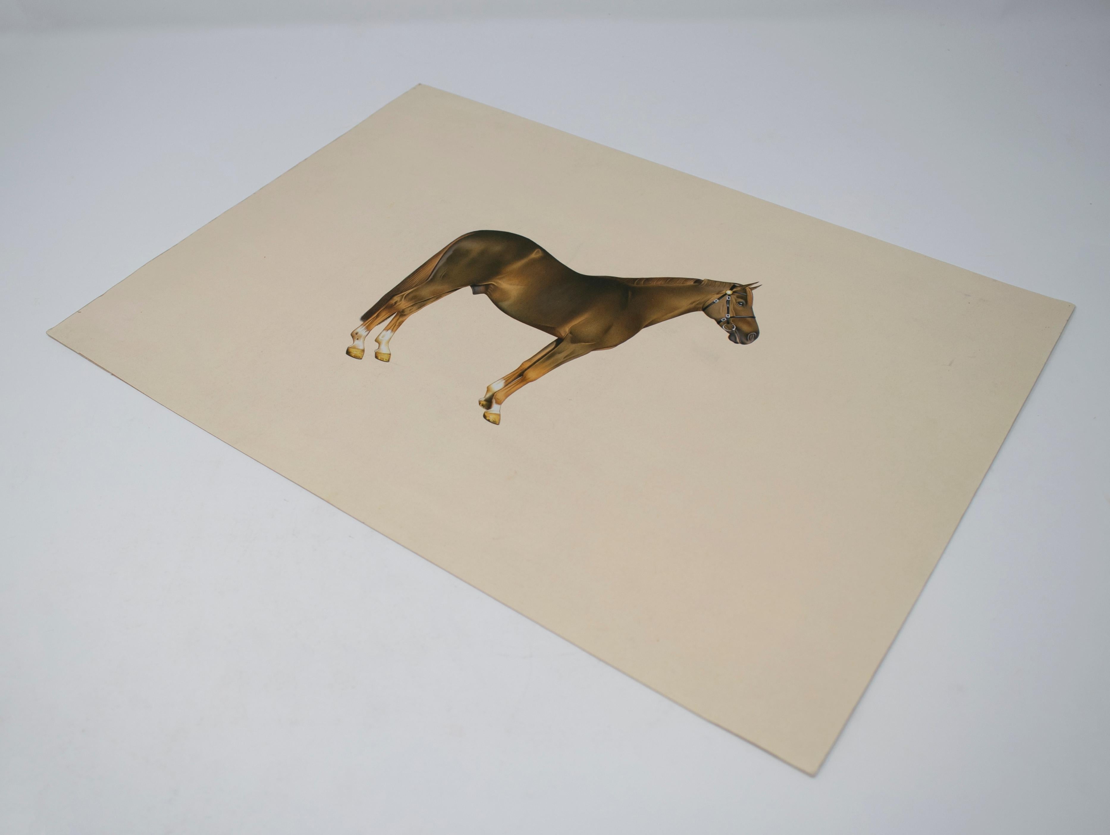 Hand-Painted 1970s Indian Paper Drawing of a Horse