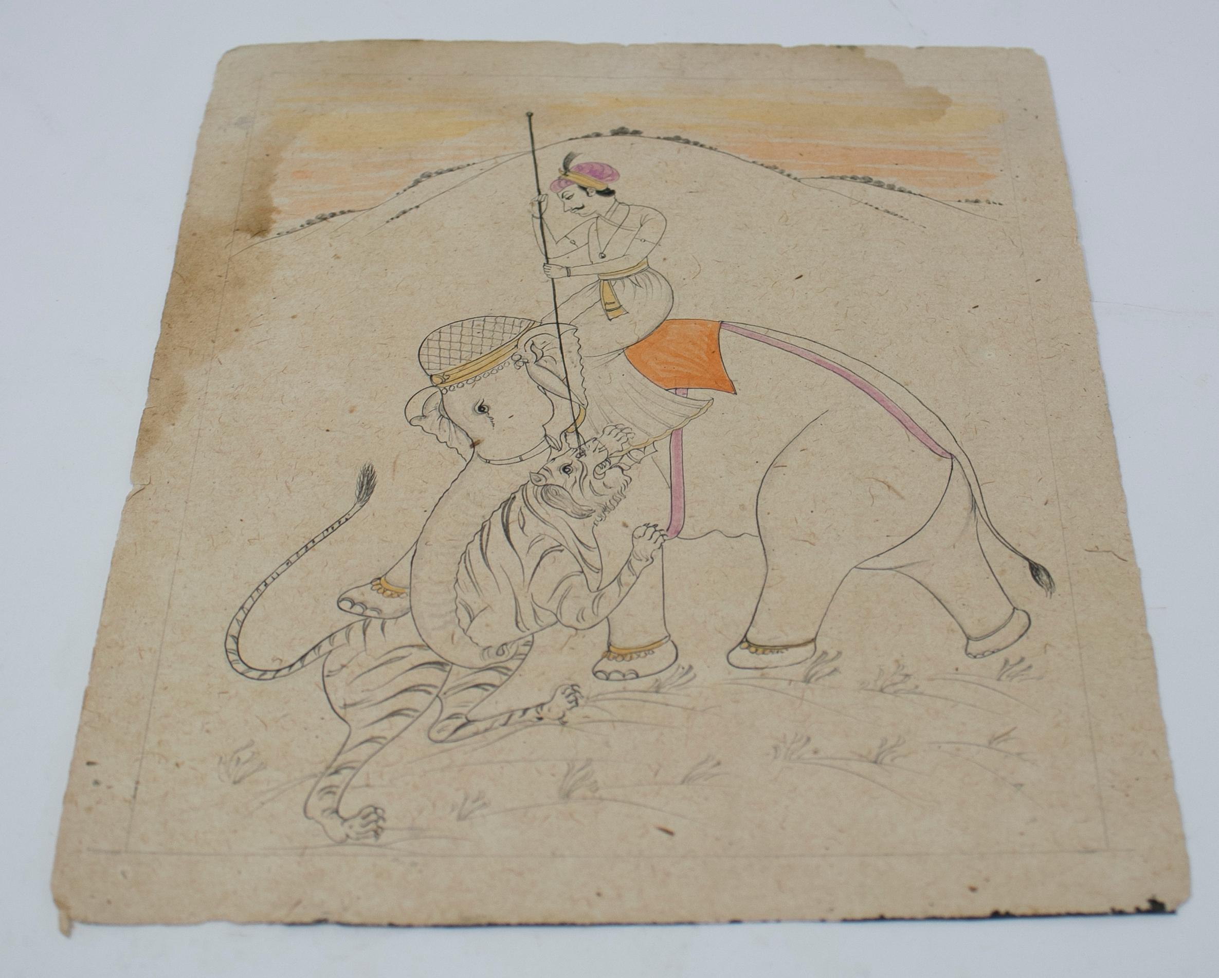 1970s Indian paper drawing of a man riding an elephant, part of a large private collection.

