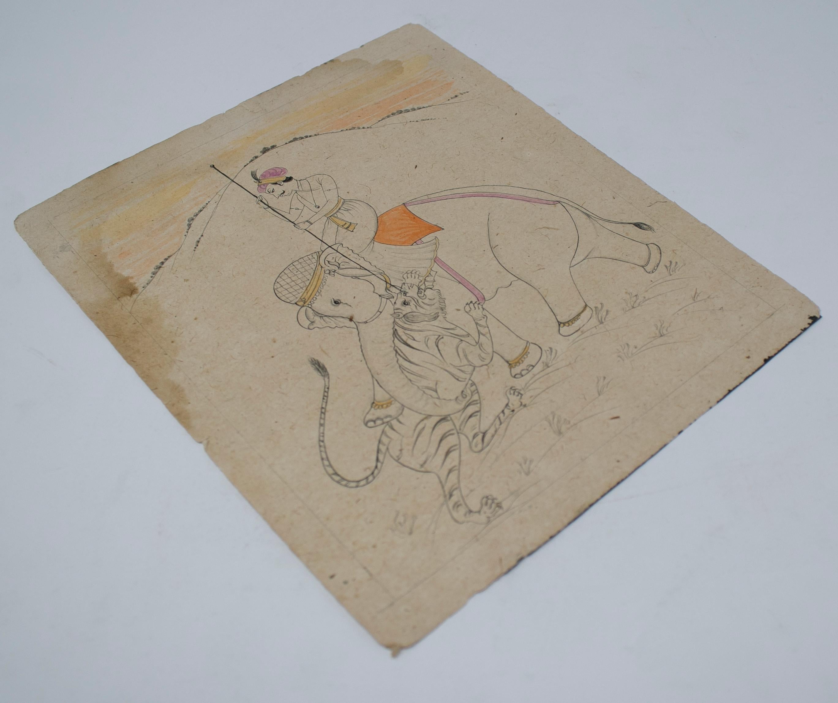 Hand-Painted 1970s Indian Paper Drawing of Man Riding an Elephant For Sale