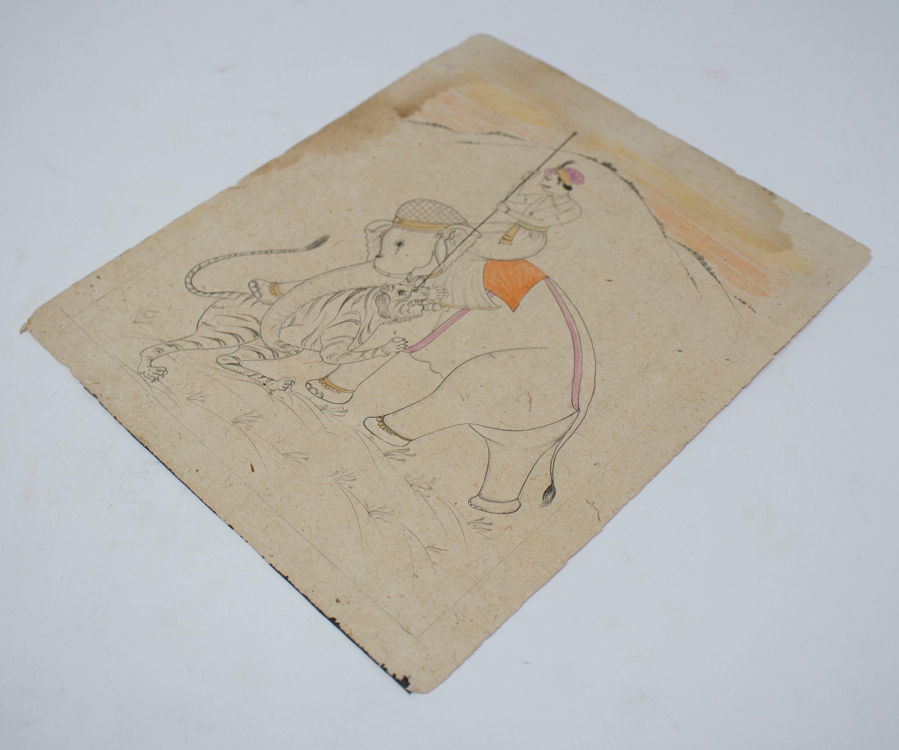 1970s Indian Paper Drawing of Man Riding an Elephant In Good Condition In Marbella, ES