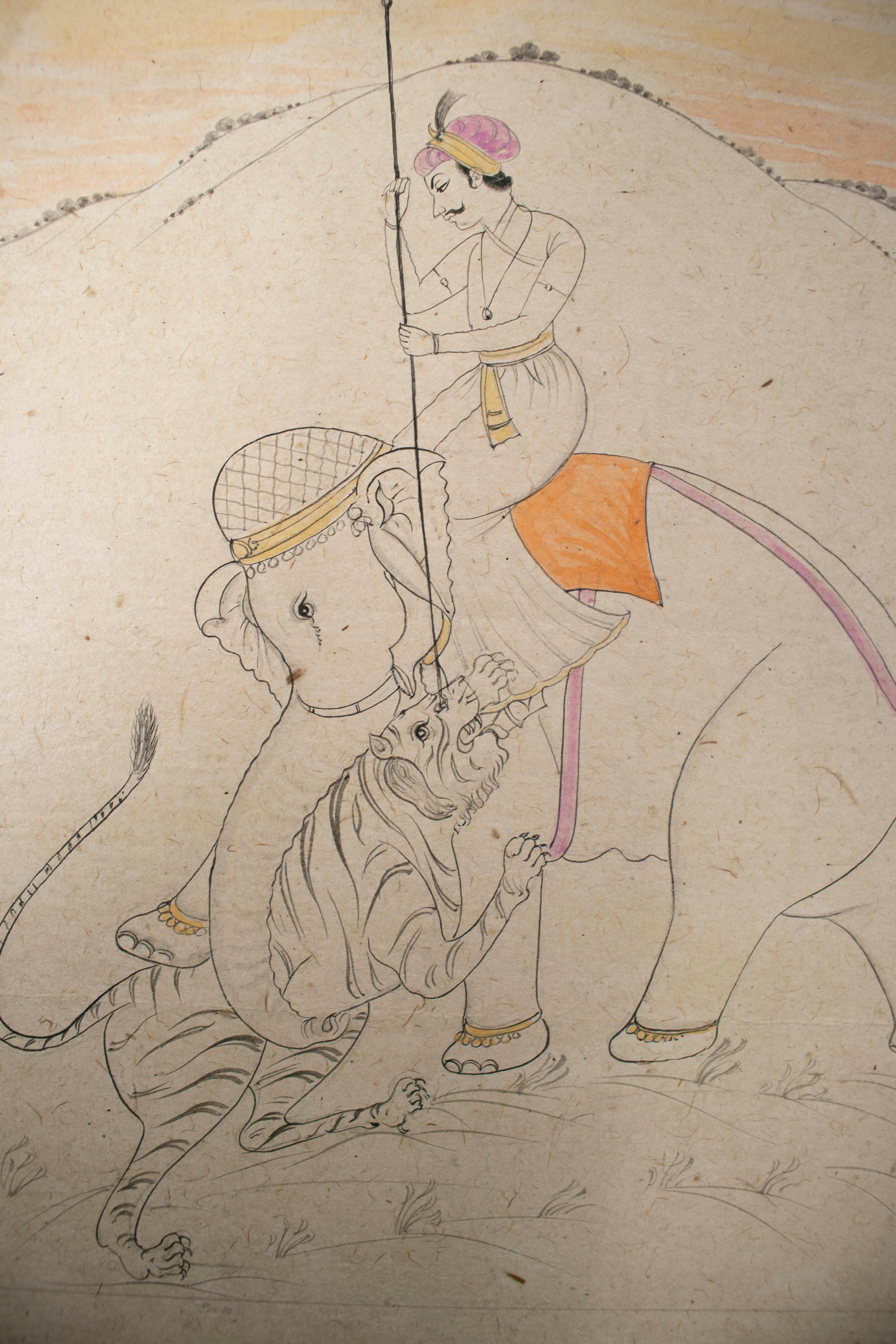 20th Century 1970s Indian Paper Drawing of Man Riding an Elephant For Sale