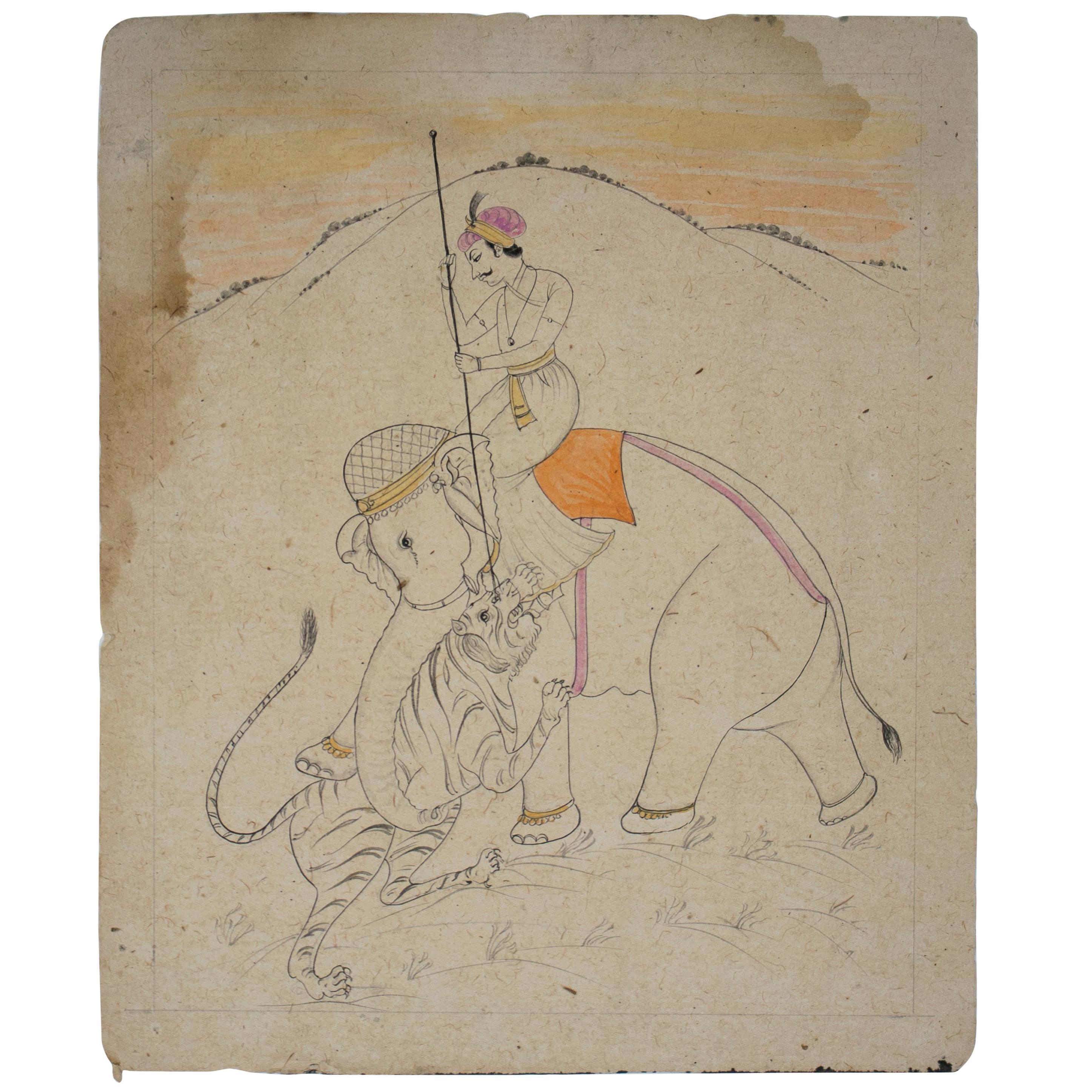 1970s Indian Paper Drawing of a Man Riding an Elephant