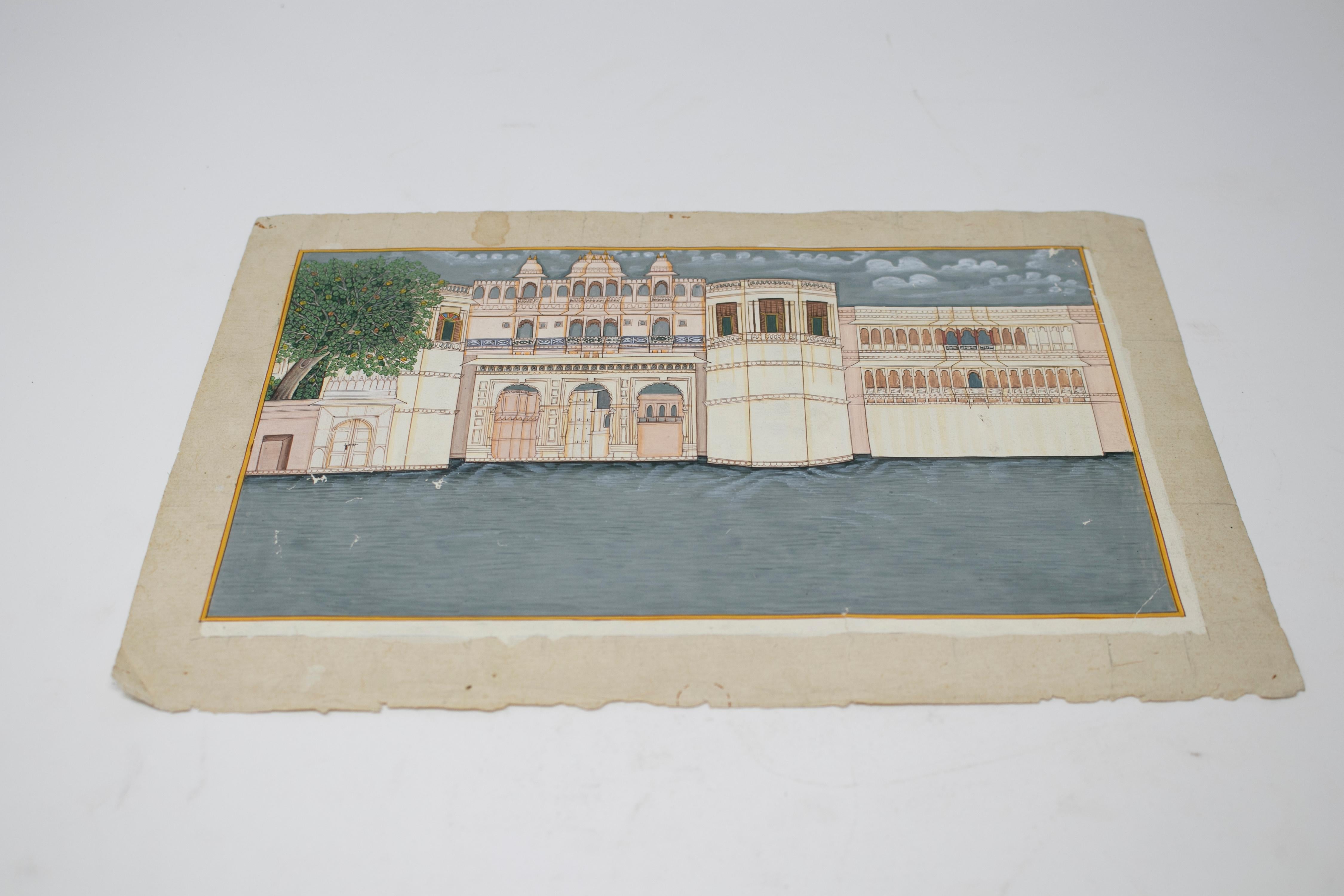 Disegno su carta indiana degli anni '70 di un palazzo, parte di una grande collezione privata.