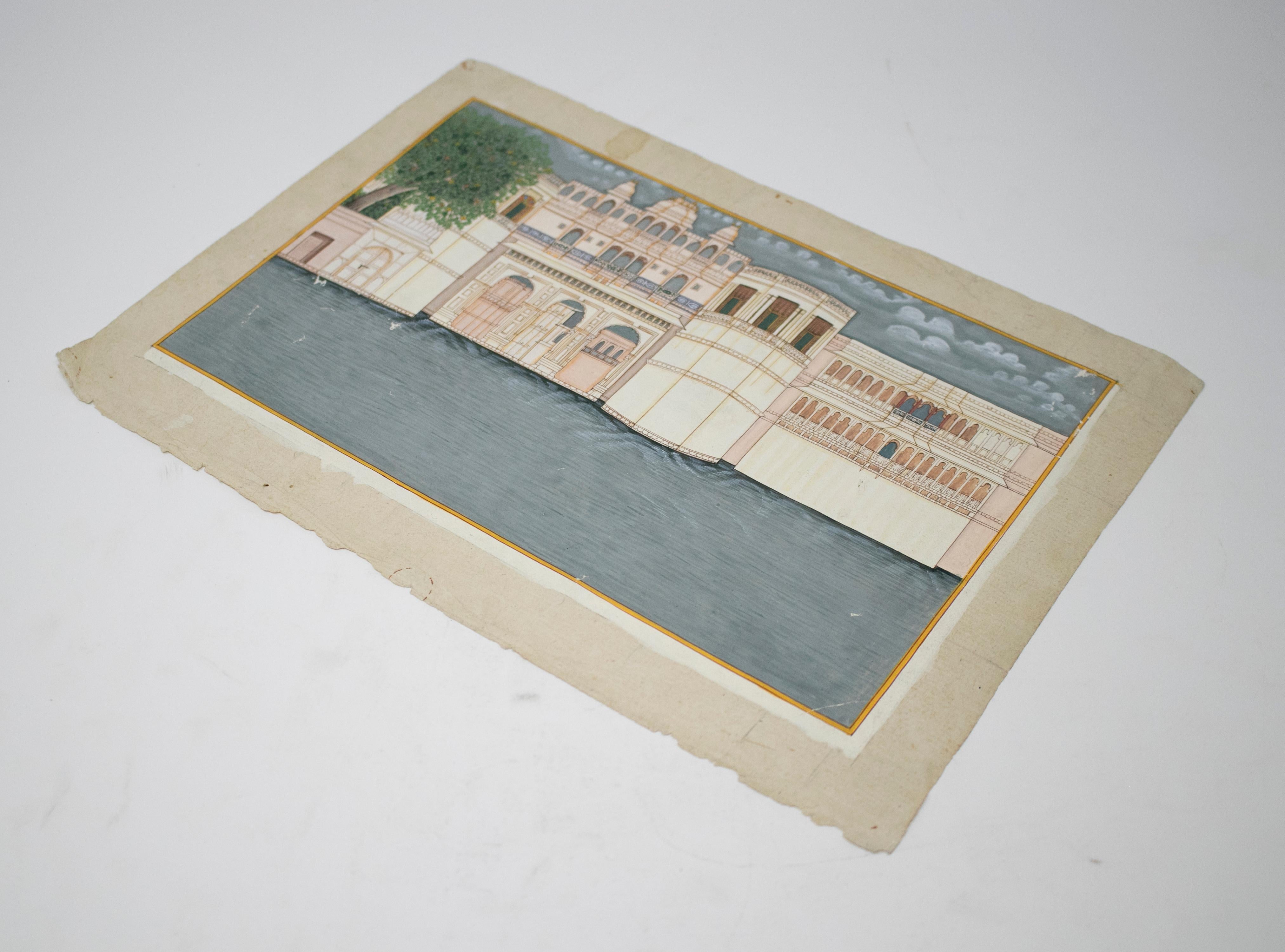 Hand-Painted 1970s Indian Paper Drawing of Palace For Sale